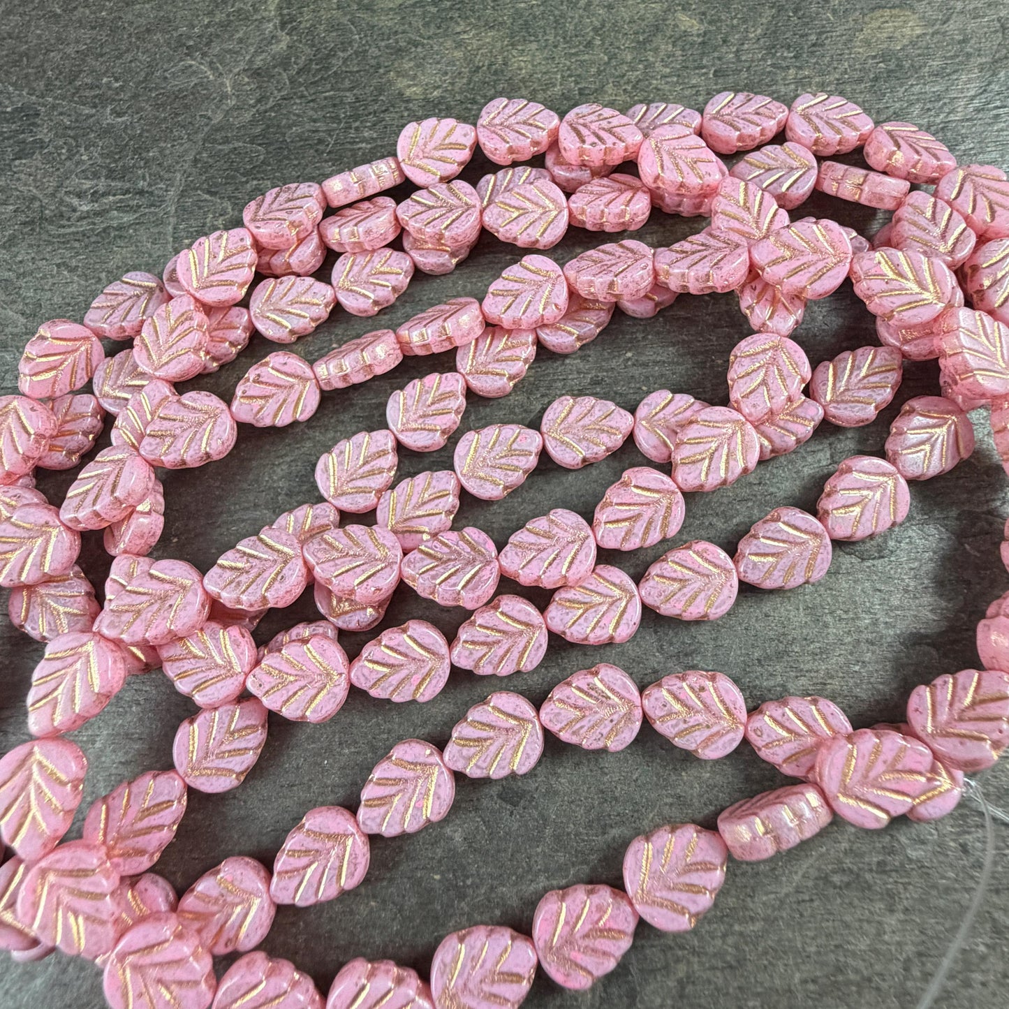 Czech Glass Beads, Pastel Pink 10x8mm Mint Leaf with Gold Wash (33304/54202) * Qty. 16