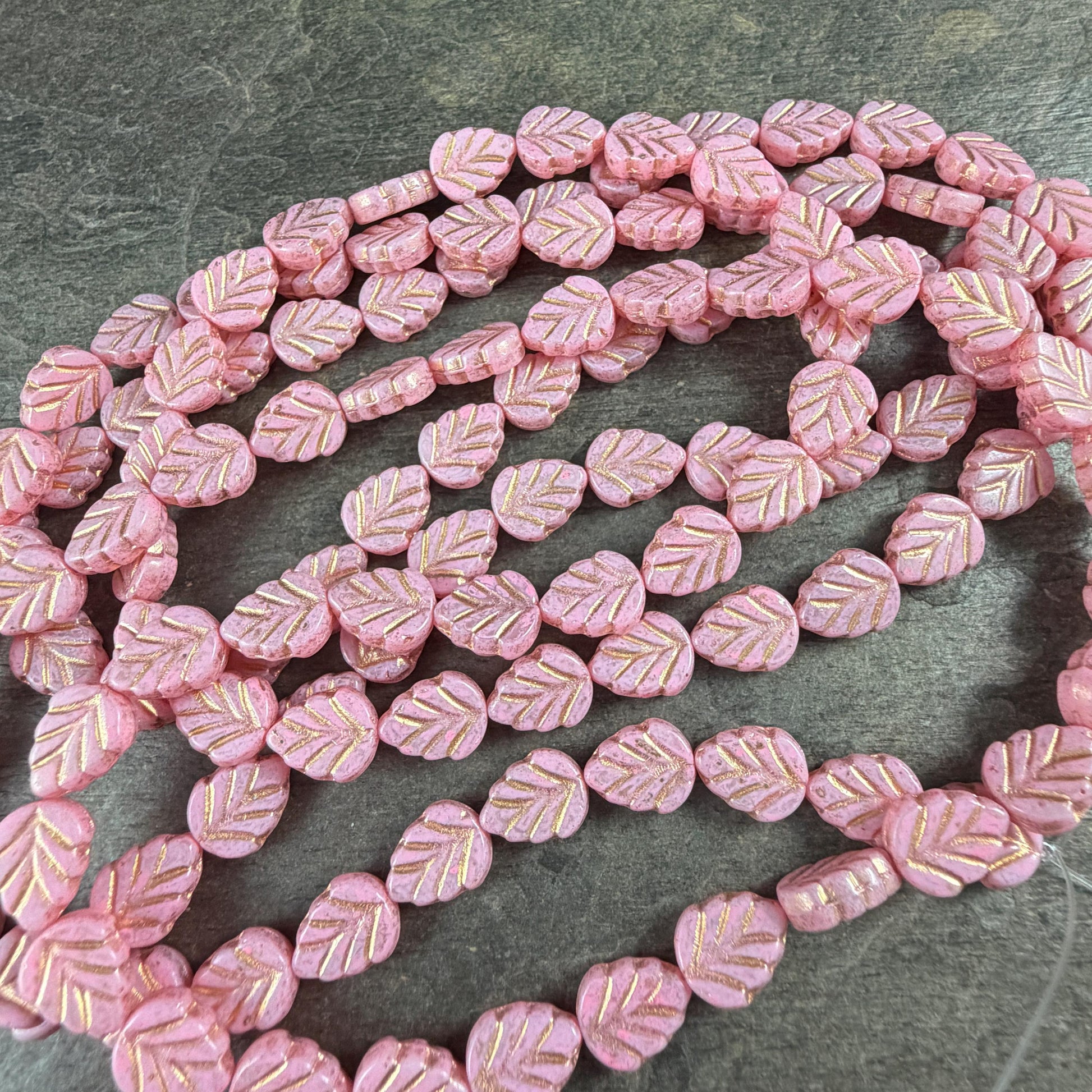 Czech Glass Beads, Pastel Pink 10x8mm Mint Leaf with Gold Wash (33304/54202) * Qty. 16