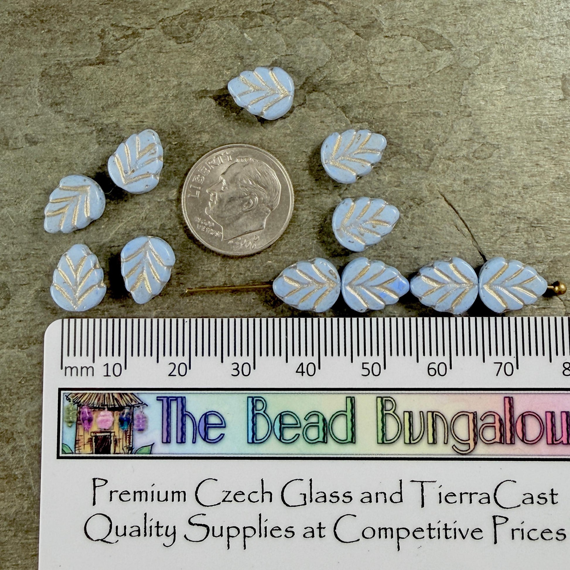 Czech Glass Beads, Light Blue 10x8mm Mint Leaf with Gold Wash (33308/54202) * Qty. 16