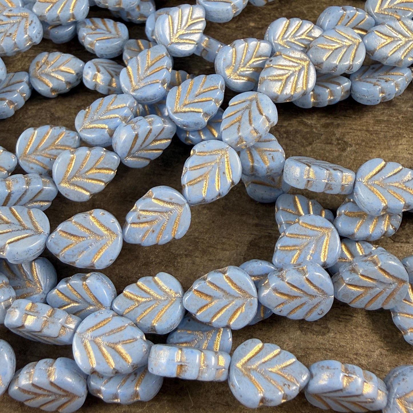 Czech Glass Beads, Light Blue 10x8mm Mint Leaf with Gold Wash (33308/54202) * Qty. 16