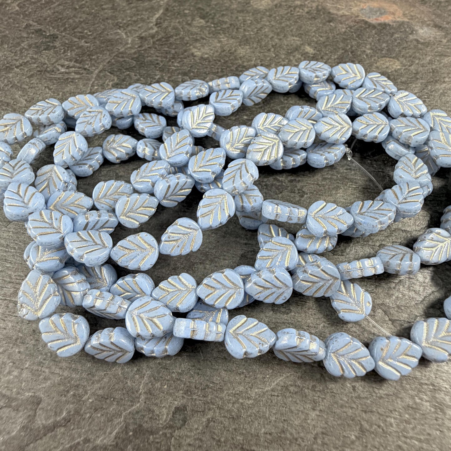 Czech Glass Beads, Light Blue 10x8mm Mint Leaf with Gold Wash (33308/54202) * Qty. 16