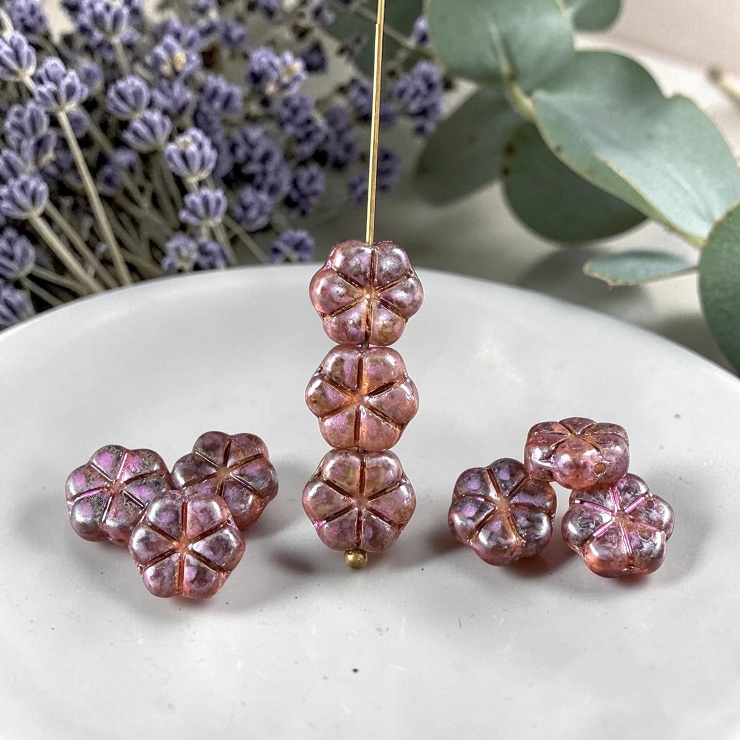 Czech Glass Beads - 10mm Flower Coin, Topaz Picasso with Purple Wash (PFMN-8v2) * 15 Beads