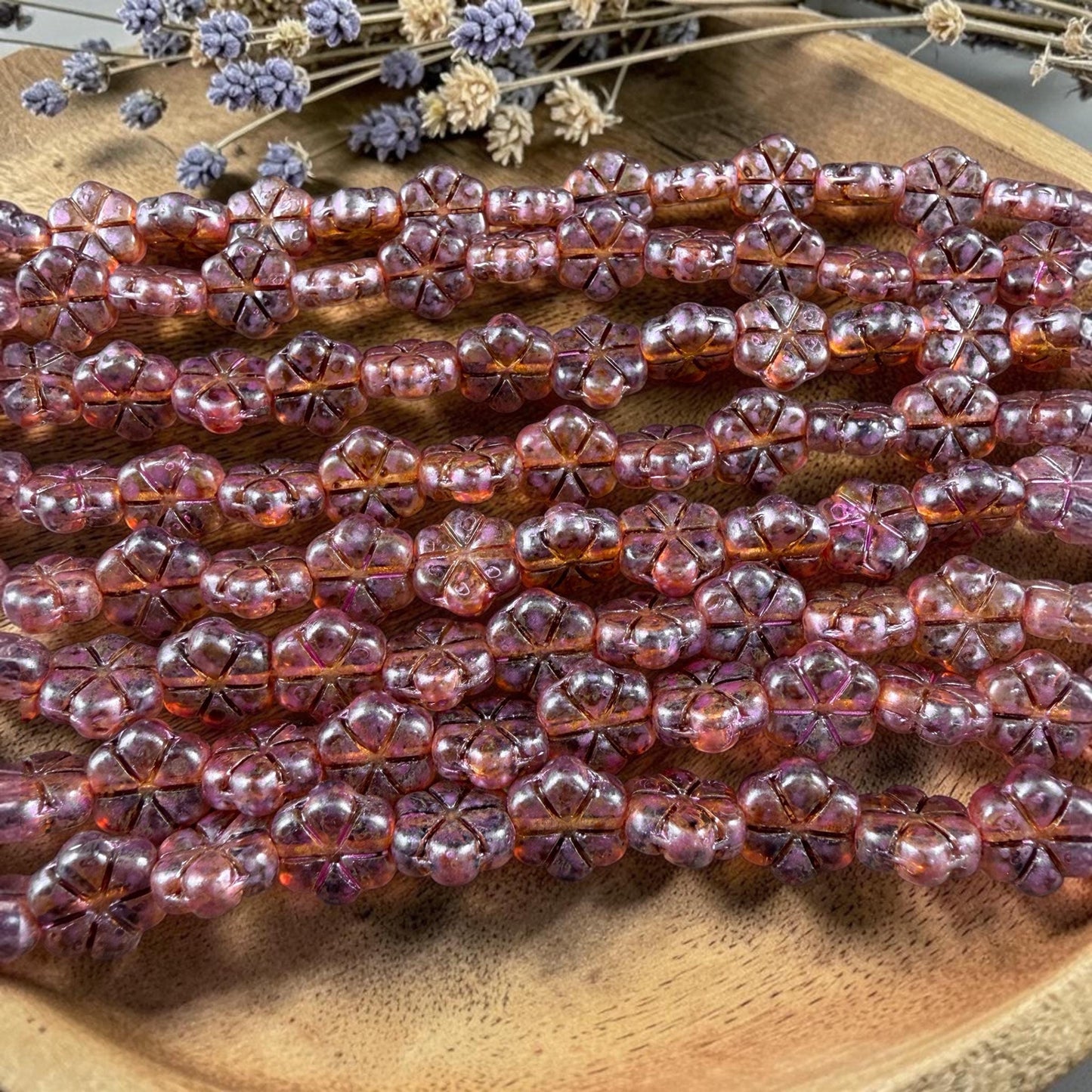 Czech Glass Beads - 10mm Flower Coin, Topaz Picasso with Purple Wash (PFMN-8v2) * 15 Beads