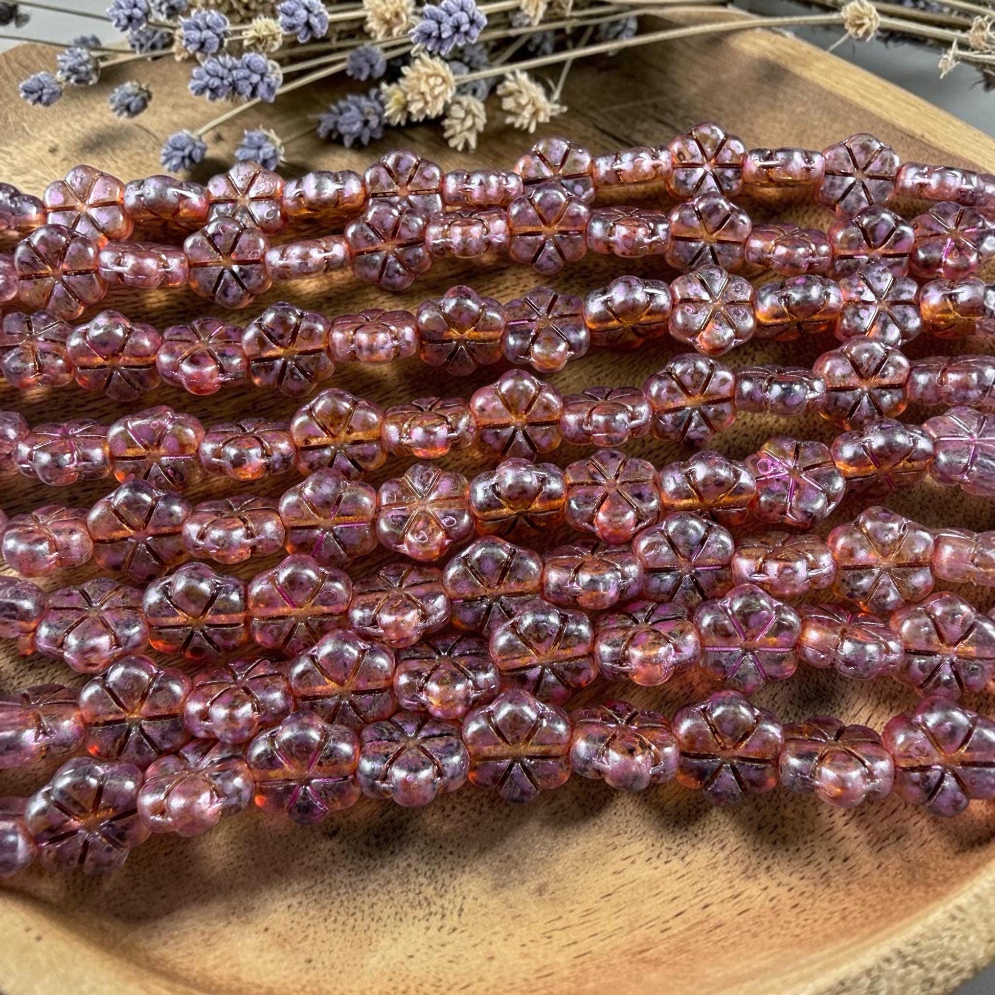 Czech Glass Beads - 10mm Flower Coin, Topaz Picasso with Purple Wash (PFMN-8v2) * 15 Beads