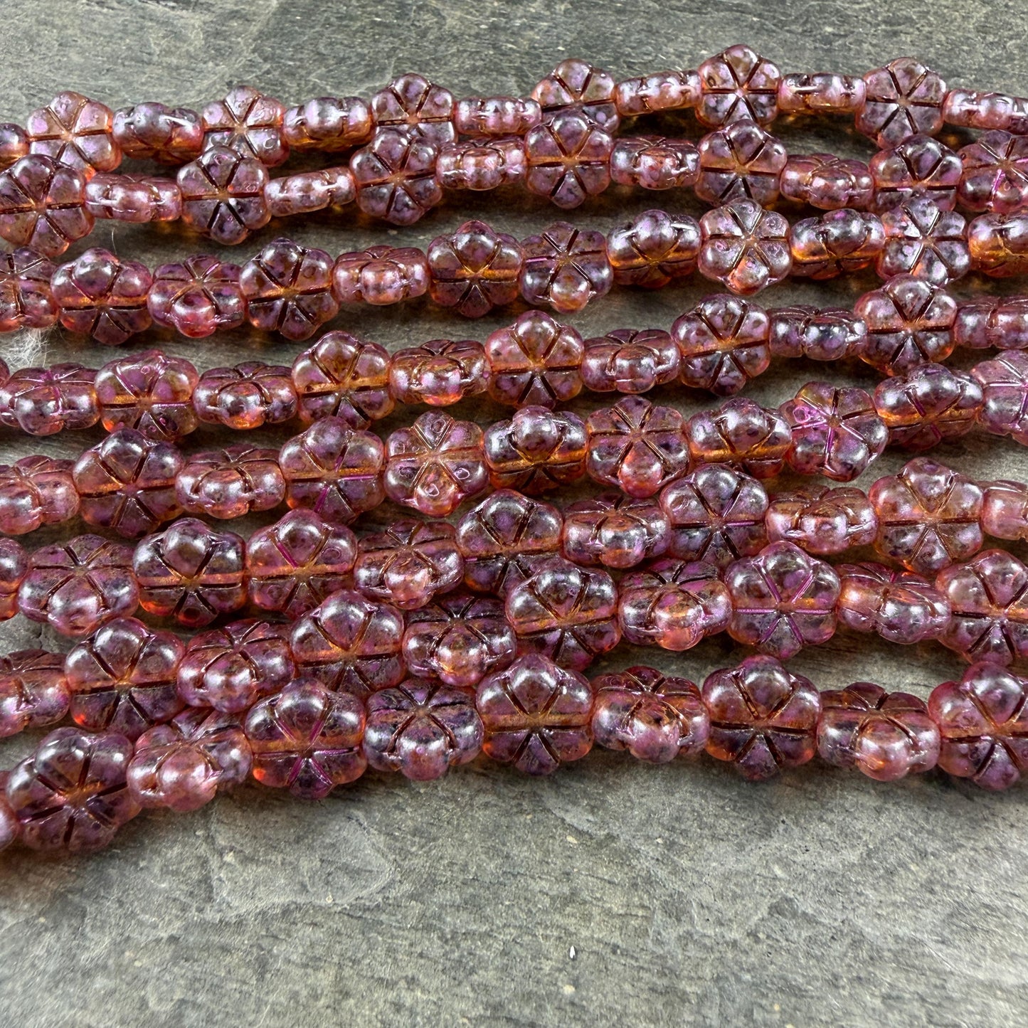 Czech Glass Beads - 10mm Flower Coin, Topaz Picasso with Purple Wash (PFMN-8v2) * 15 Beads