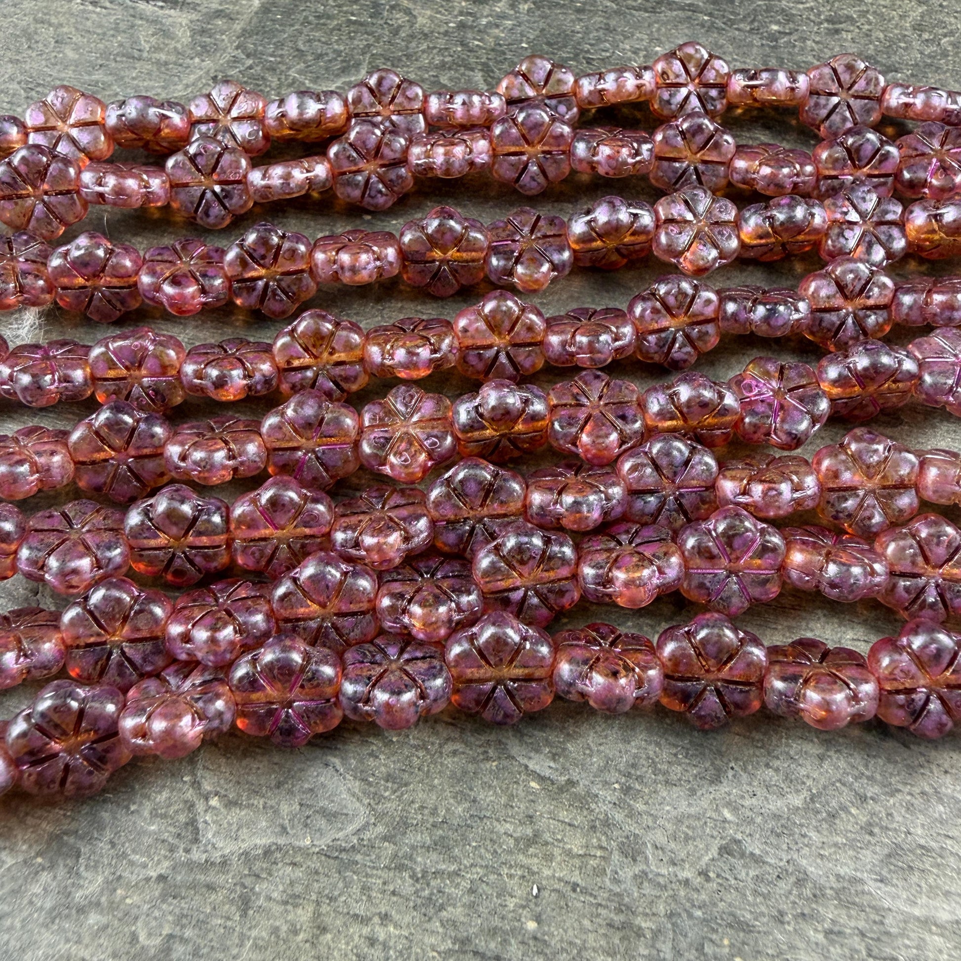 Czech Glass Beads - 10mm Flower Coin, Topaz Picasso with Purple Wash (PFMN-8v2) * 15 Beads