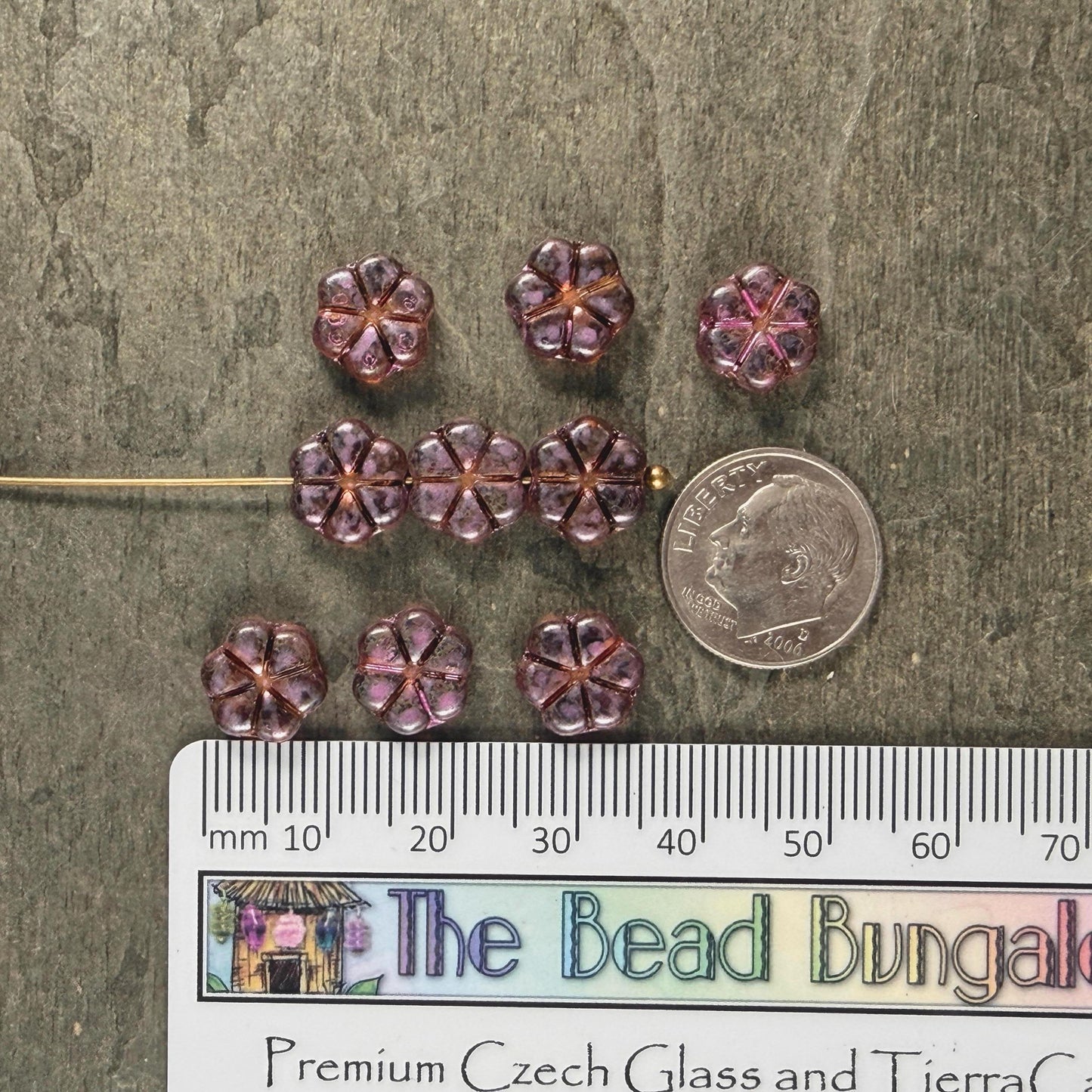 Czech Glass Beads - 10mm Flower Coin, Topaz Picasso with Purple Wash (PFMN-8v2) * 15 Beads