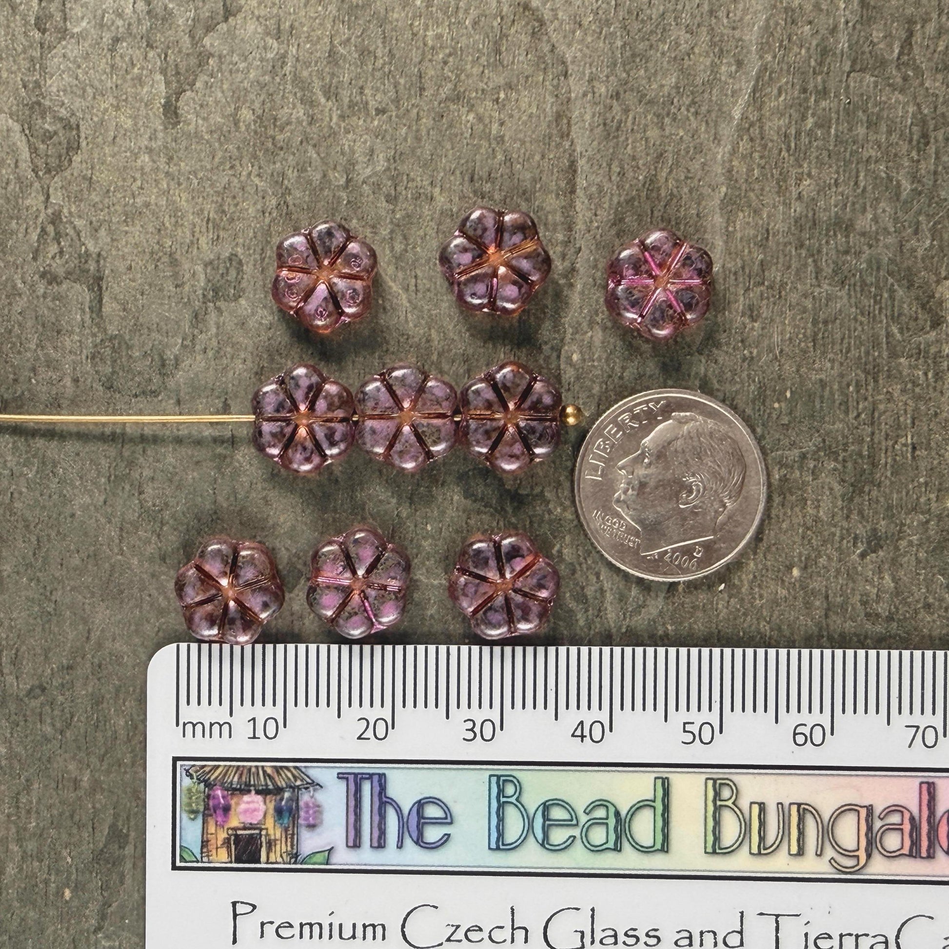 Czech Glass Beads - 10mm Flower Coin, Topaz Picasso with Purple Wash (PFMN-8v2) * 15 Beads