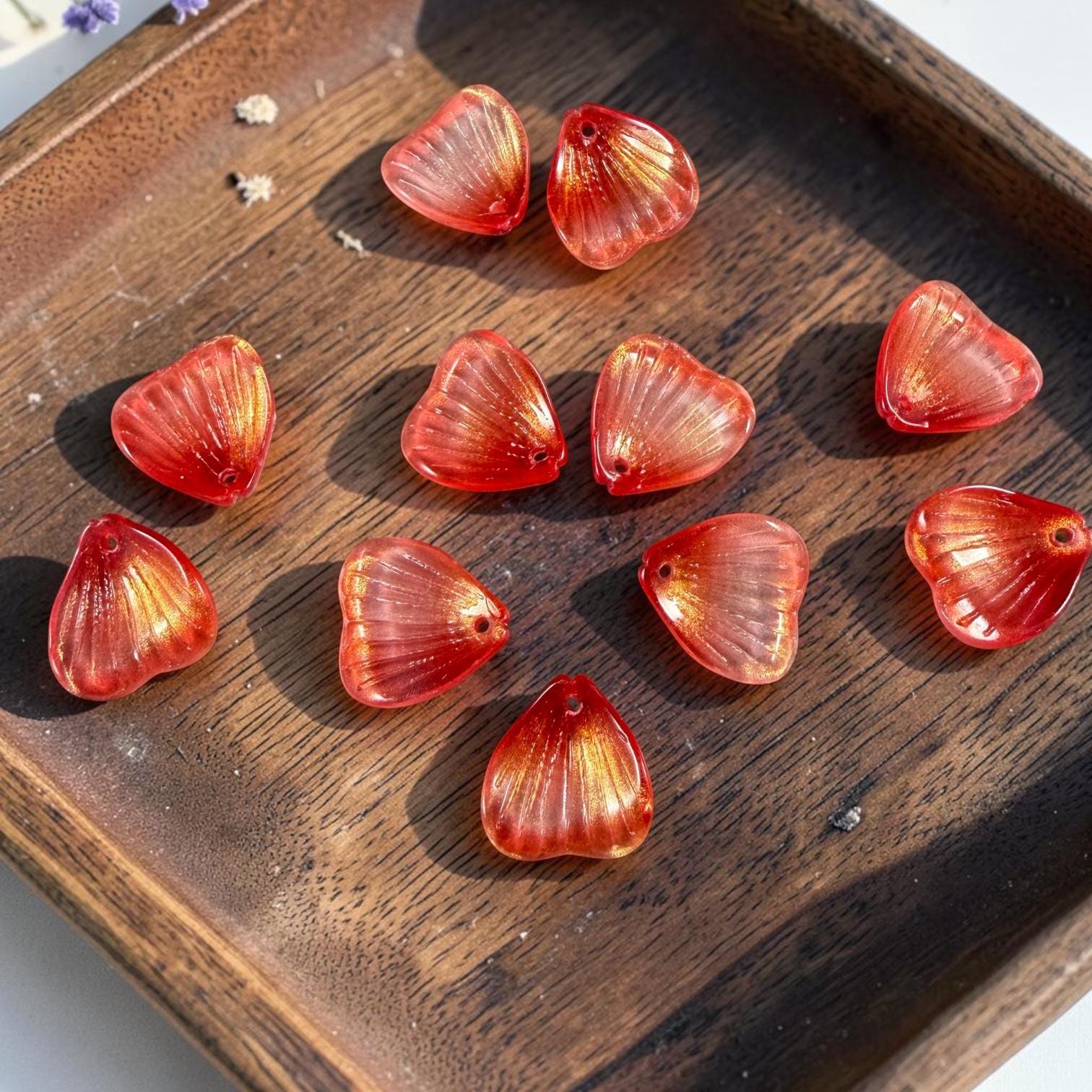 Glass Flower Petals, 16mm Petal Shaped Beads, Red Orange, Scarlet * 12 Beads