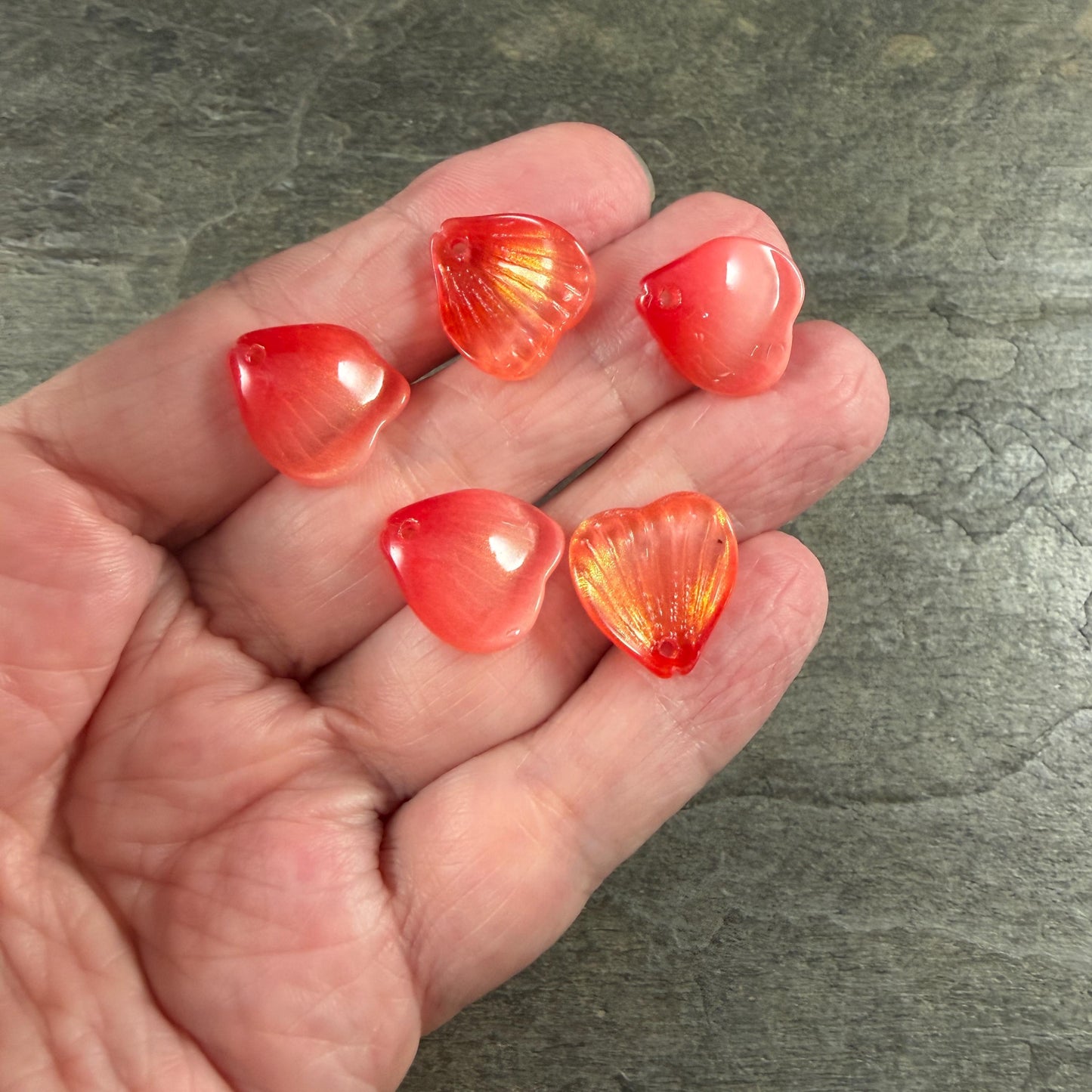 Glass Flower Petals, 16mm Petal Shaped Beads, Red Orange, Scarlet * 12 Beads