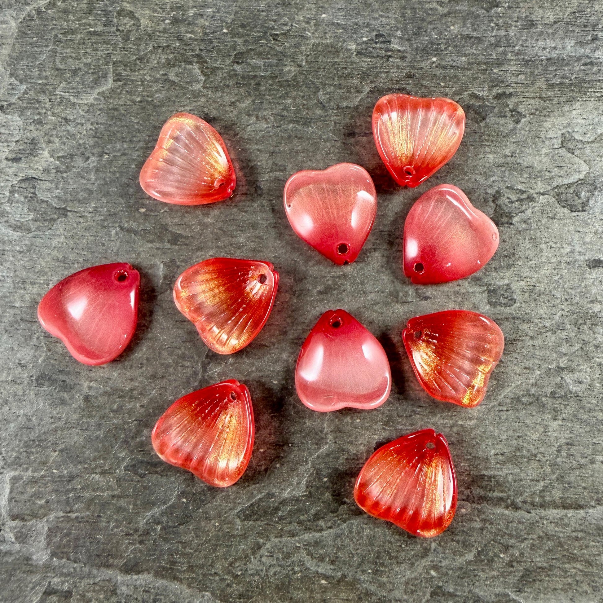Glass Flower Petals, 16mm Petal Shaped Beads, Red Orange, Scarlet * 12 Beads