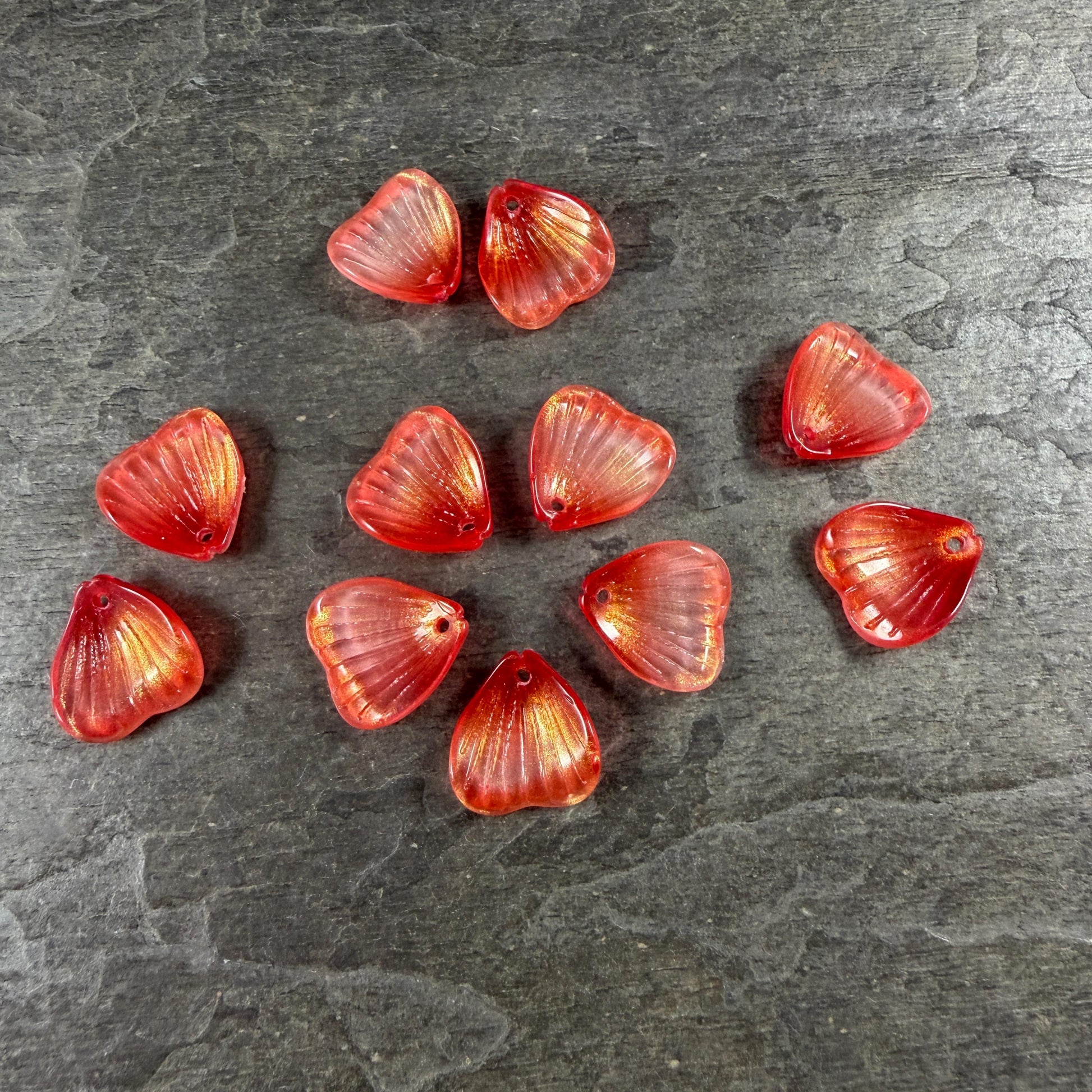 Glass Flower Petals, 16mm Petal Shaped Beads, Red Orange, Scarlet * 12 Beads