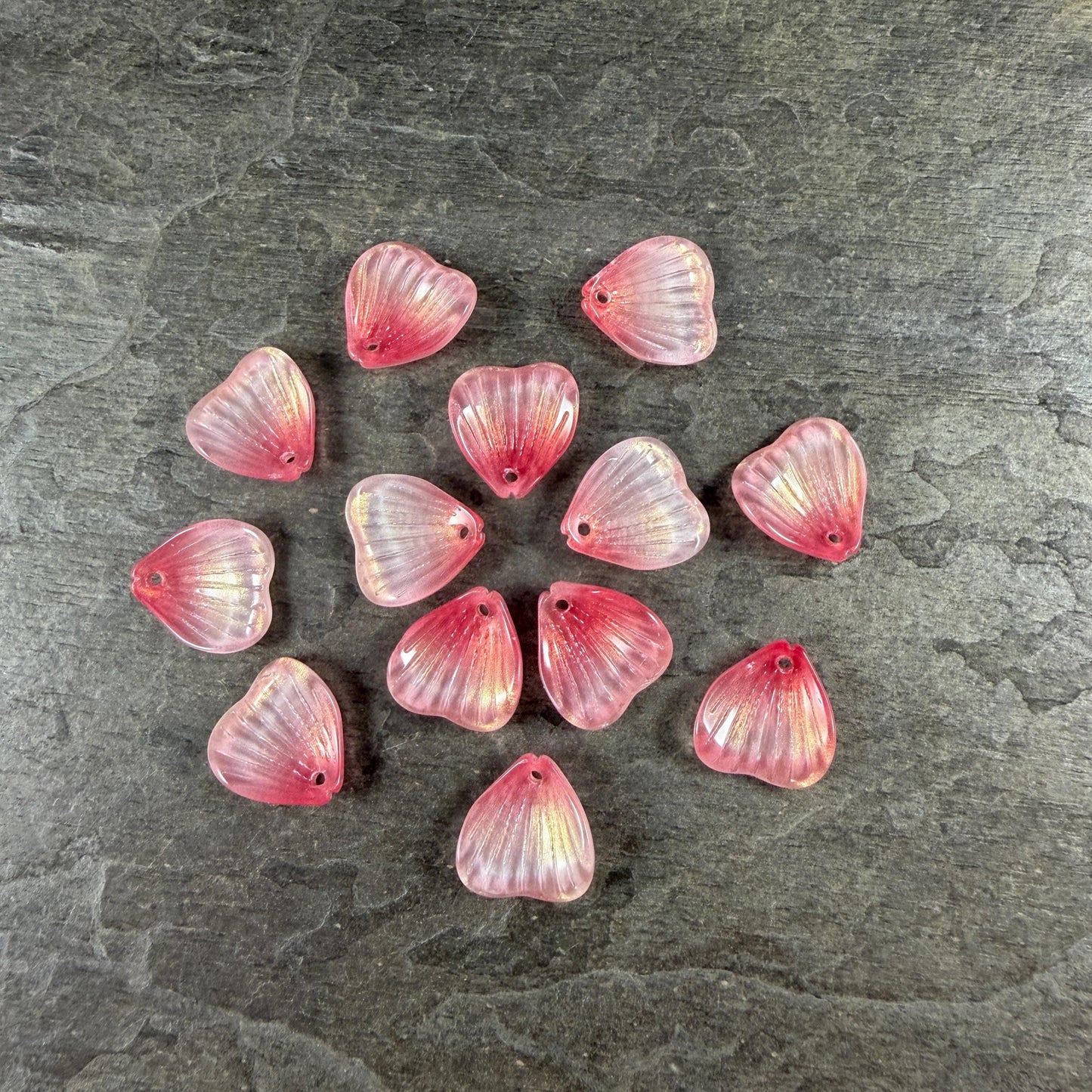 Glass Flower Petals, 16mm Petal Shaped Beads, Fuchia & Yellow * 12 Beads