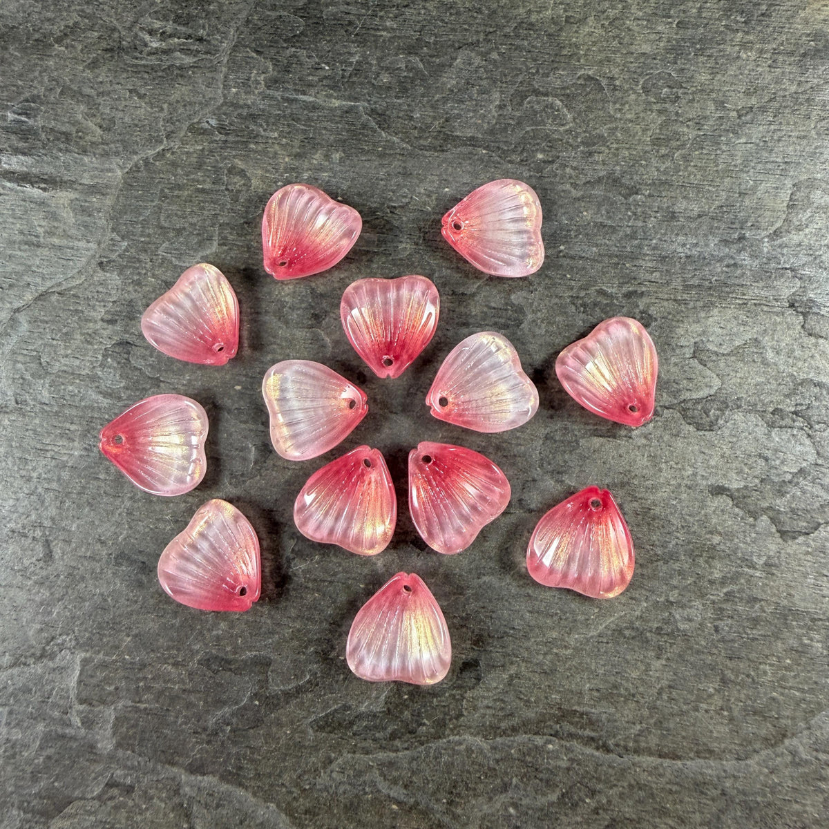 Glass Flower Petals, 16mm Petal Shaped Beads, Fuchia & Yellow * 12 Beads