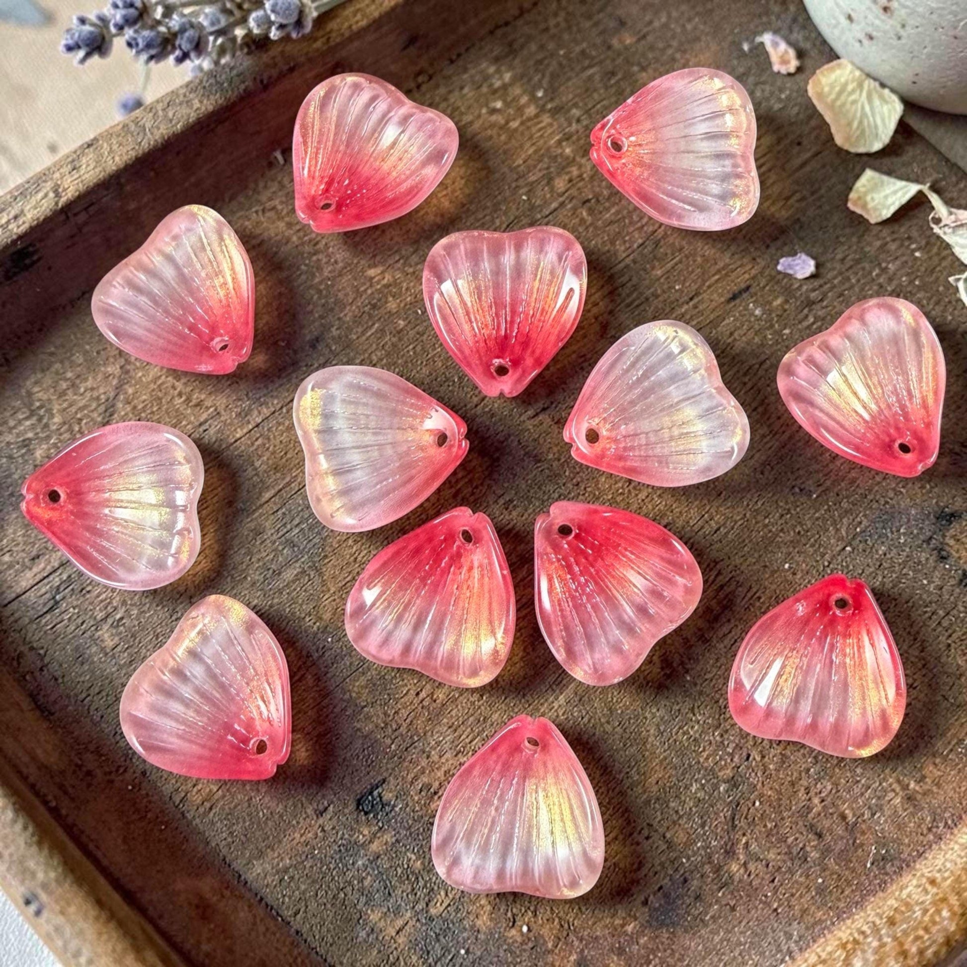 Glass Flower Petals, 16mm Petal Shaped Beads, Fuchia & Yellow * 12 Beads