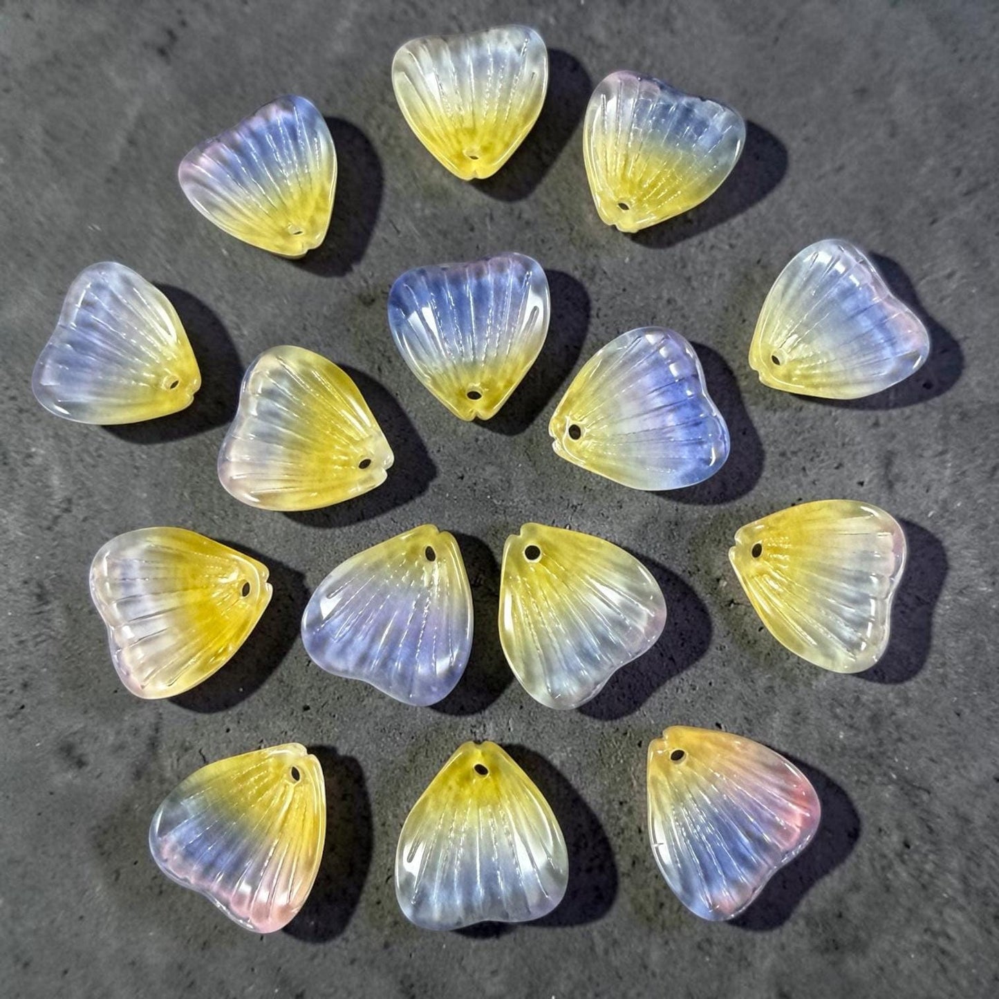 Glass Flower Petals, 16mm Petal Shaped Beads, Purple & Yellow * 12 Beads