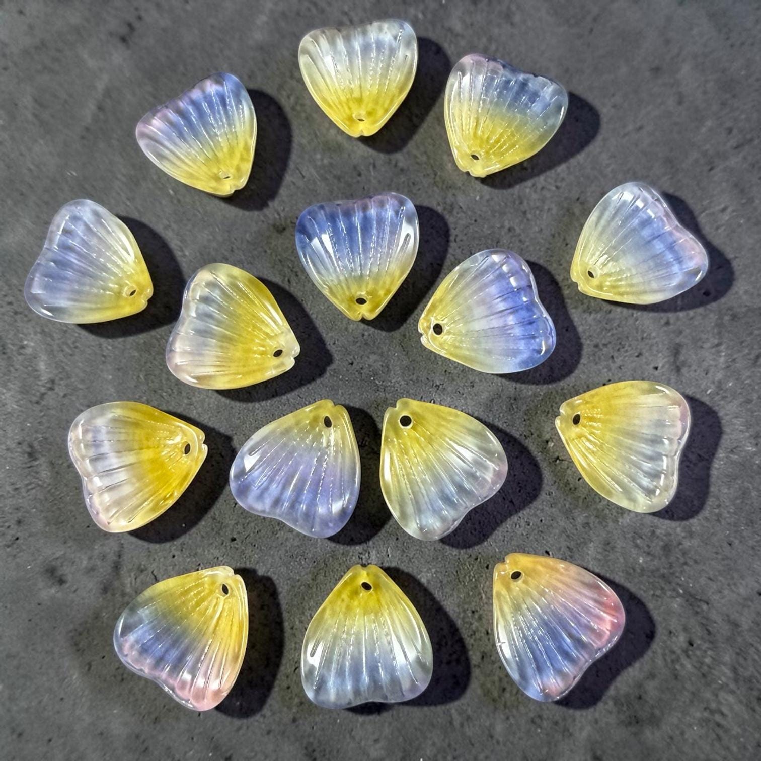 Glass Flower Petals, 16mm Petal Shaped Beads, Purple & Yellow * 12 Beads