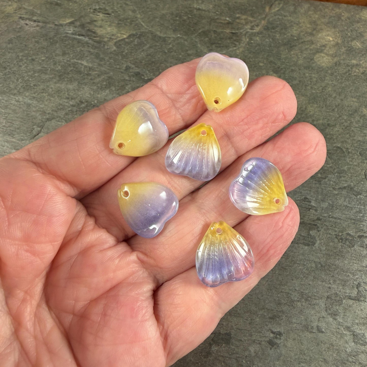 Glass Flower Petals, 16mm Petal Shaped Beads, Purple & Yellow * 12 Beads