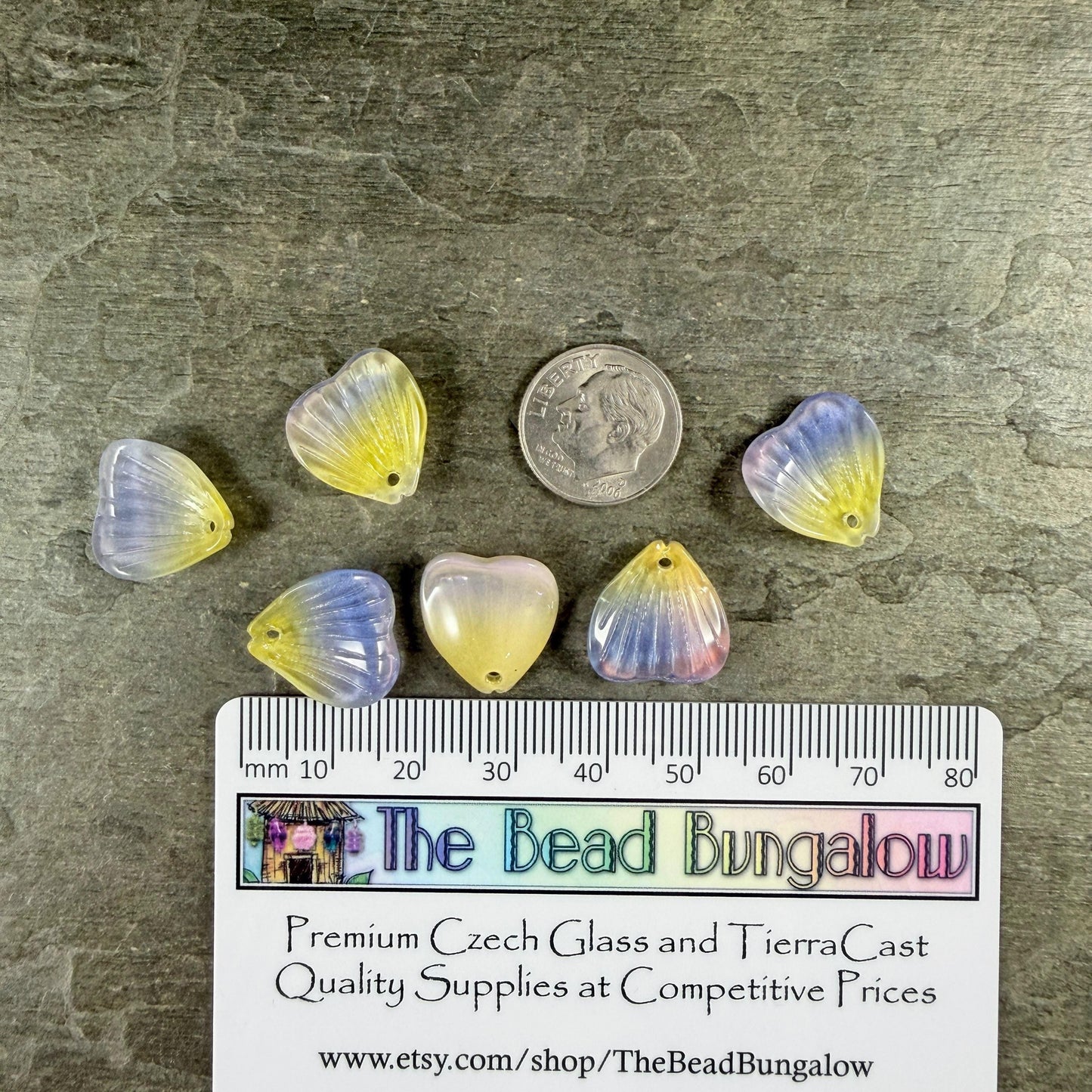 Glass Flower Petals, 16mm Petal Shaped Beads, Purple & Yellow * 12 Beads