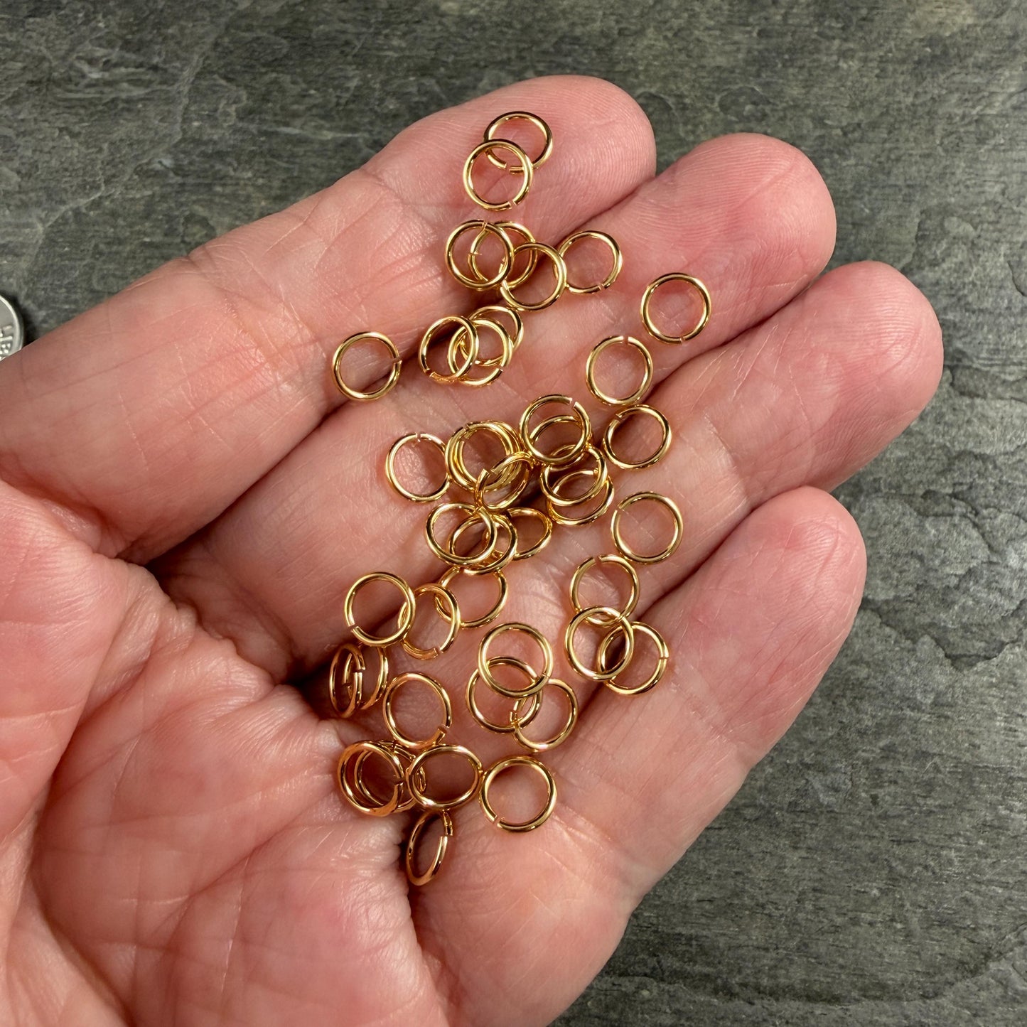 6mm 20 gauge Gold Jump Rings, Nickel Free 24k Gold Plated Brass (PF/649-06-12) * Qty. 50