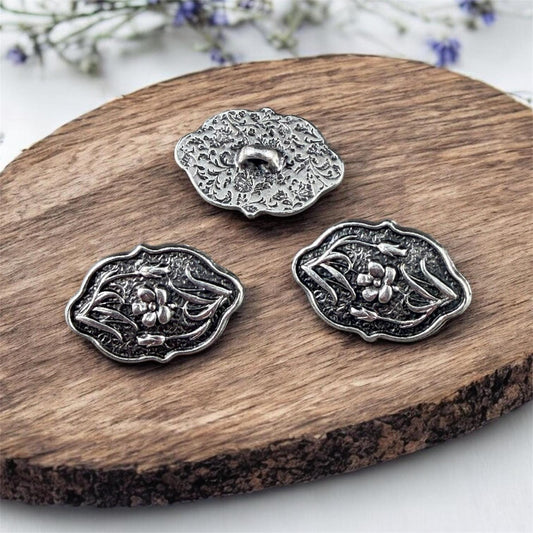 TierraCast Floral Theme Button with Shaft, 18x12mm Oval, Antiqued Silver (PF/1142-77) * Qty. 2