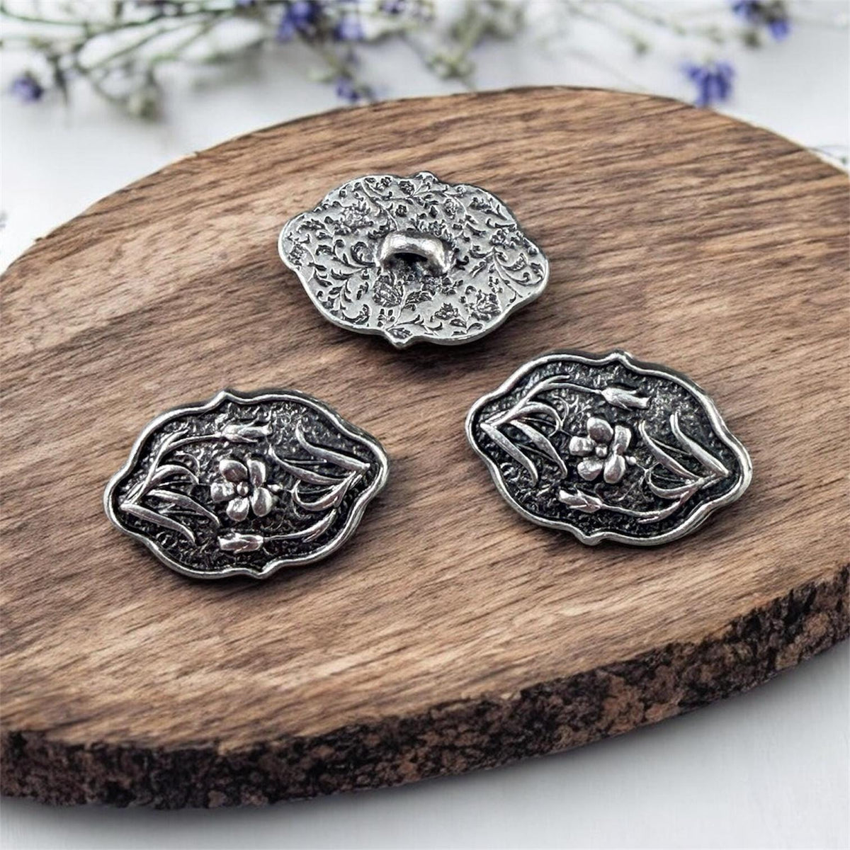 TierraCast Floral Theme Button with Shaft, 18x12mm Oval, Antiqued Silver (PF/1142-77) * Qty. 2