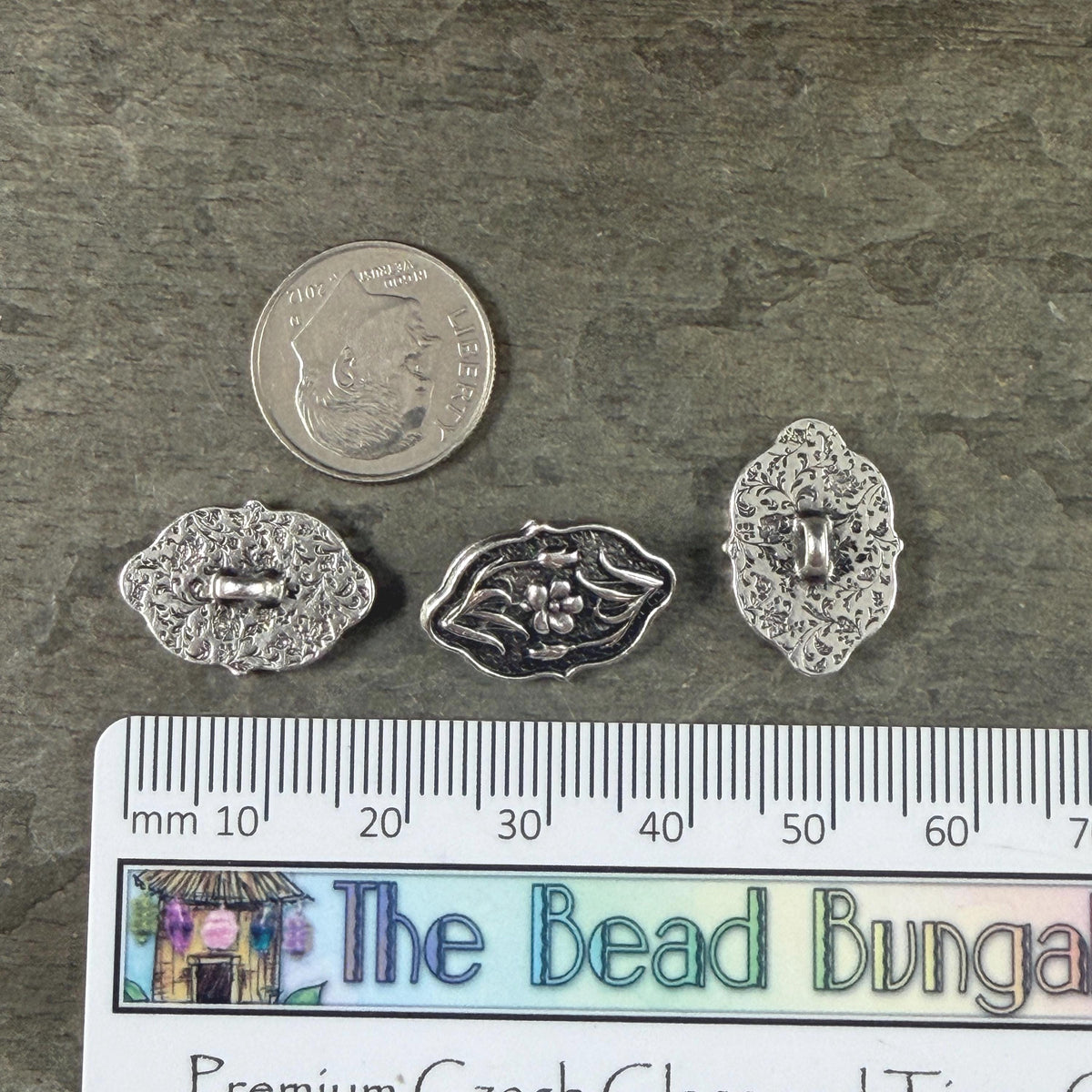 TierraCast Floral Theme Button with Shaft, 18x12mm Oval, Antiqued Silver (PF/1142-77) * Qty. 2