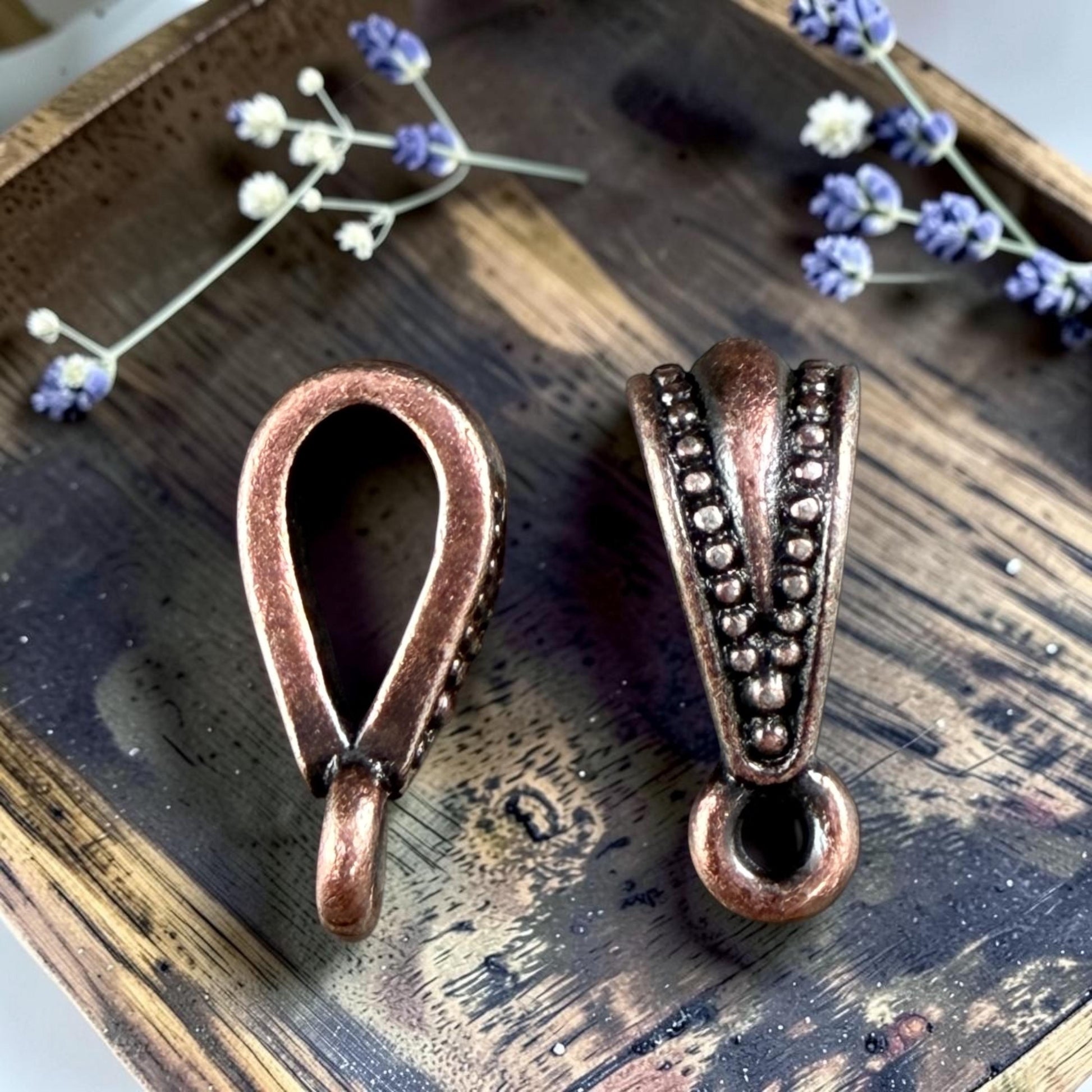 TierraCast Royal Bail, 13mm Classic Bail with Loop, Antiqued Copper Plated Pewter (PF/803-87) * Qty. 4