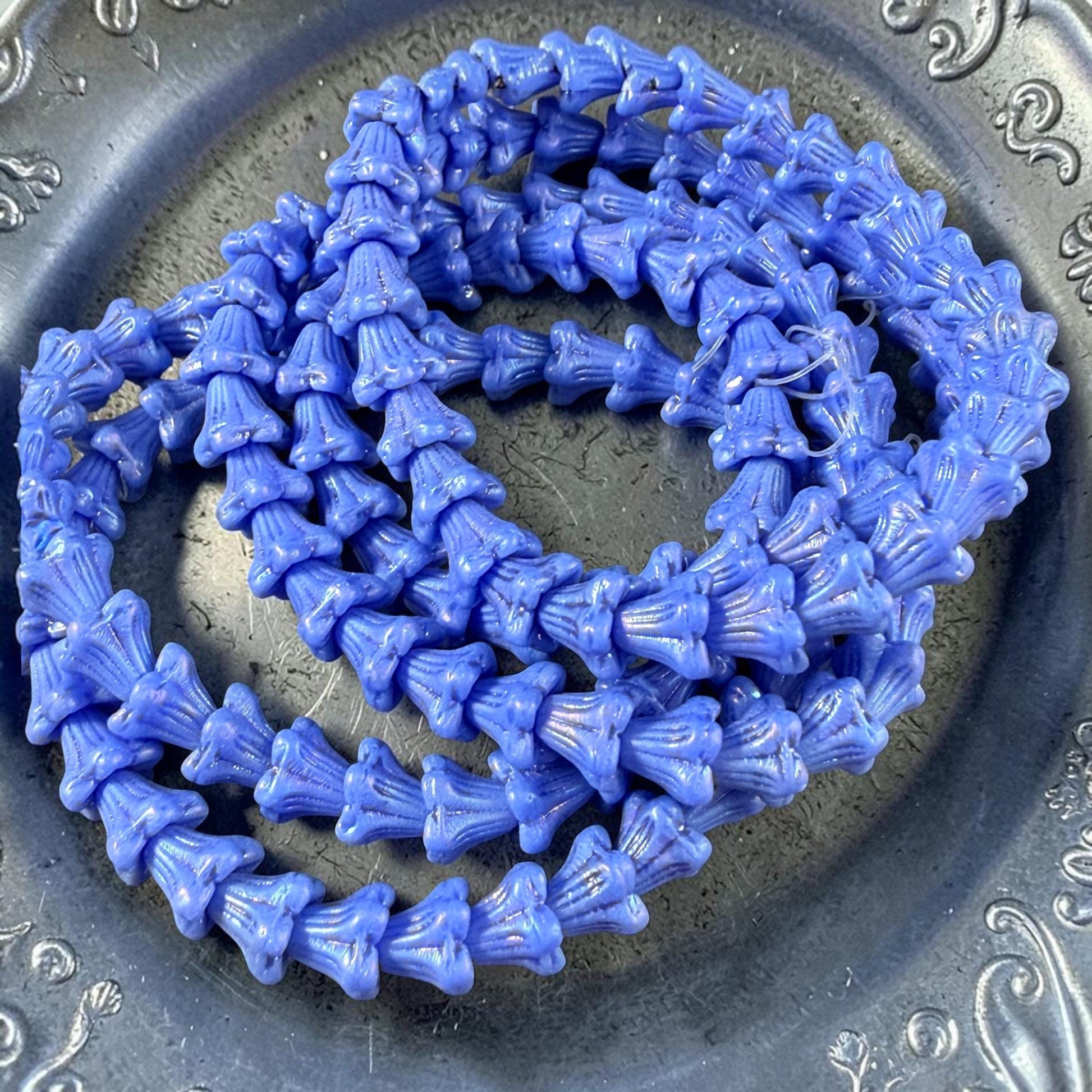 Czech Beads - 5x6mm Small Trumpet Bell Flower, Periwinkle Blue with AB (FLO/N-0499) * 30 Beads