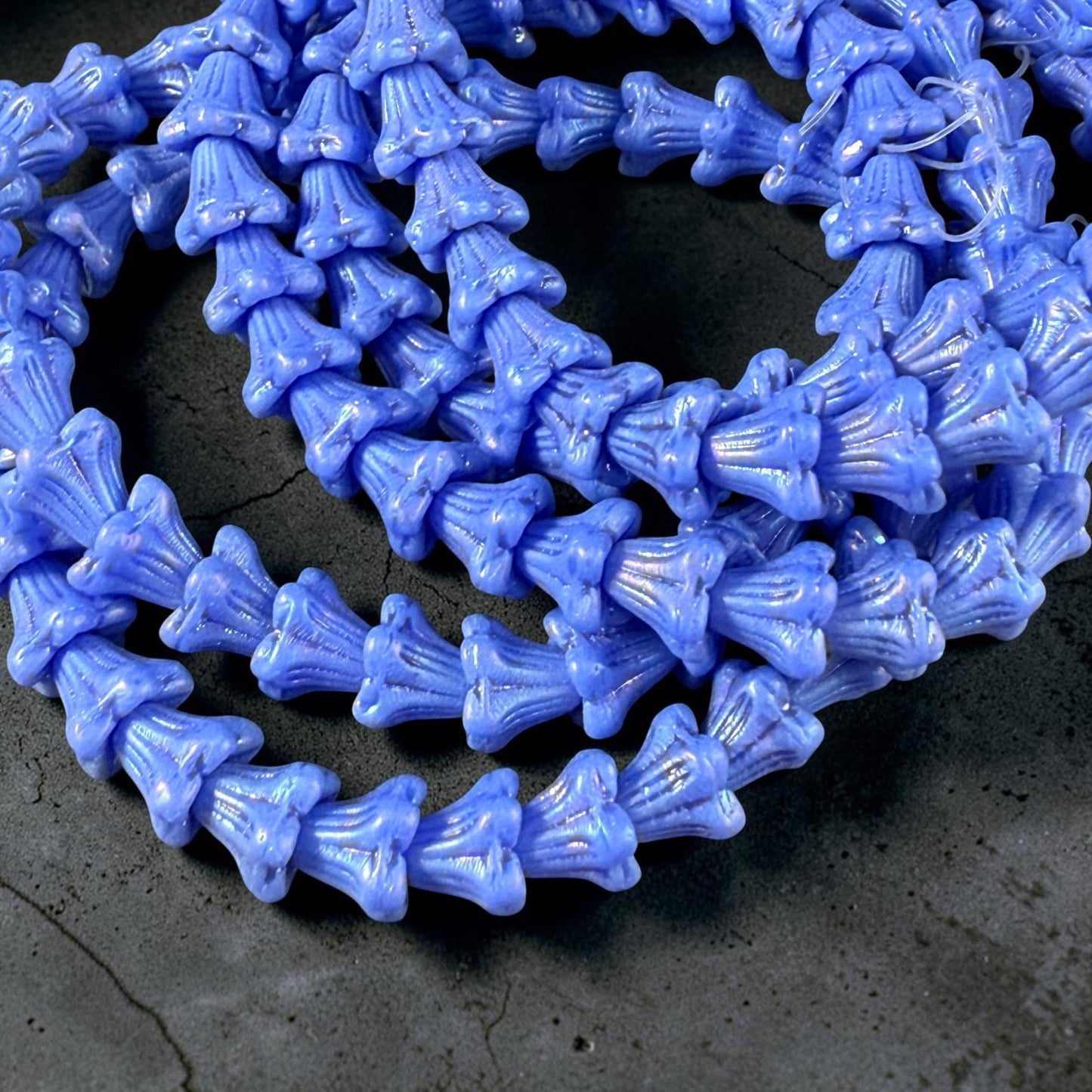 Czech Beads - 5x6mm Small Trumpet Bell Flower, Periwinkle Blue with AB (FLO/N-0499) * 30 Beads