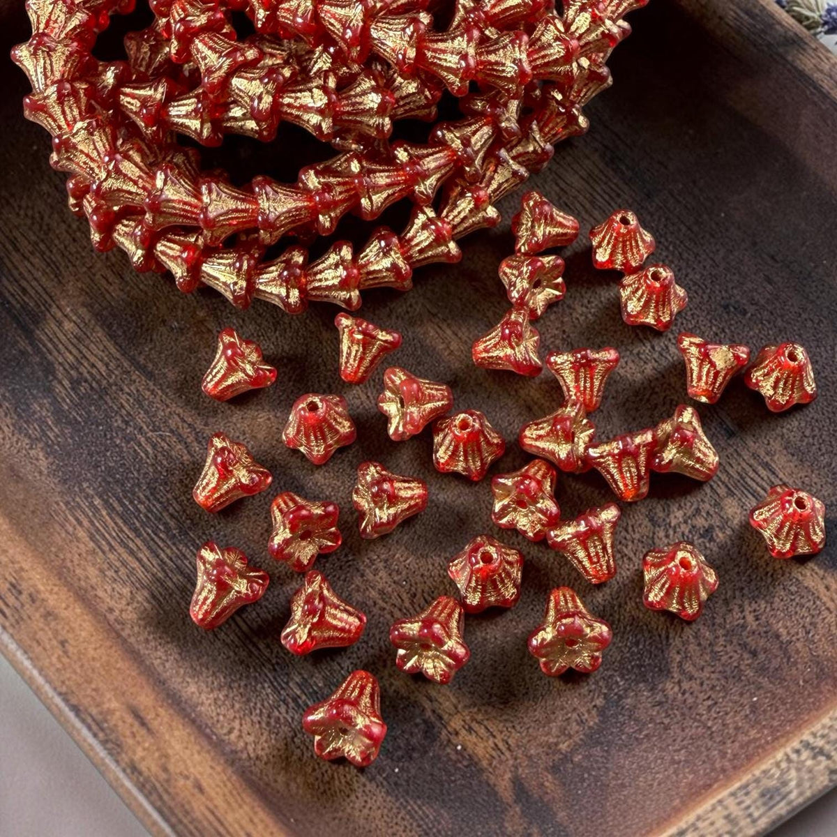 Czech Beads - 5x6mm Small Trumpet Bell Flower, Transparent Ruby Red (FLO/N-0600) * 30 Beads