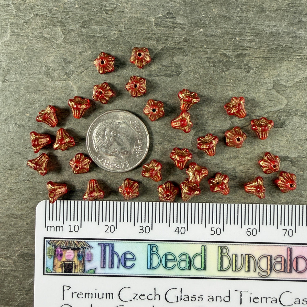 Czech Beads - 5x6mm Small Trumpet Bell Flower, Transparent Ruby Red (FLO/N-0600) * 30 Beads