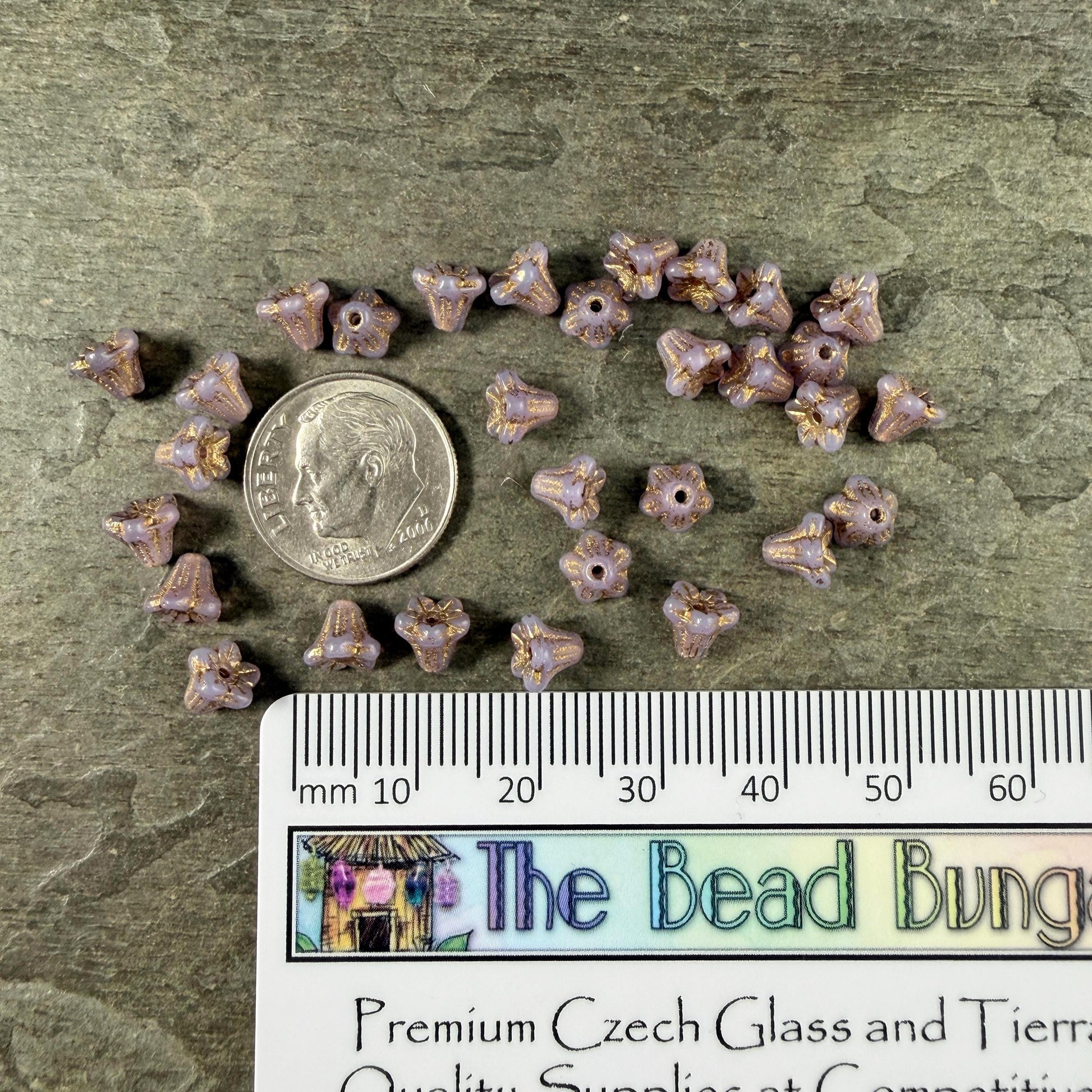 Czech Beads - 5x6mm Small Trumpet Bell Flower, Thistle with Gold Wash (FLO/N-2271) * 30 Beads