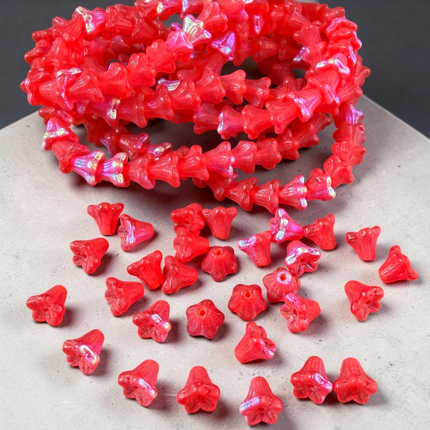 Czech Beads - 5x6mm Small Trumpet Bell Flower, Matte Scarlet Red with AB Finish (FLO/N-0600) * 30 Beads