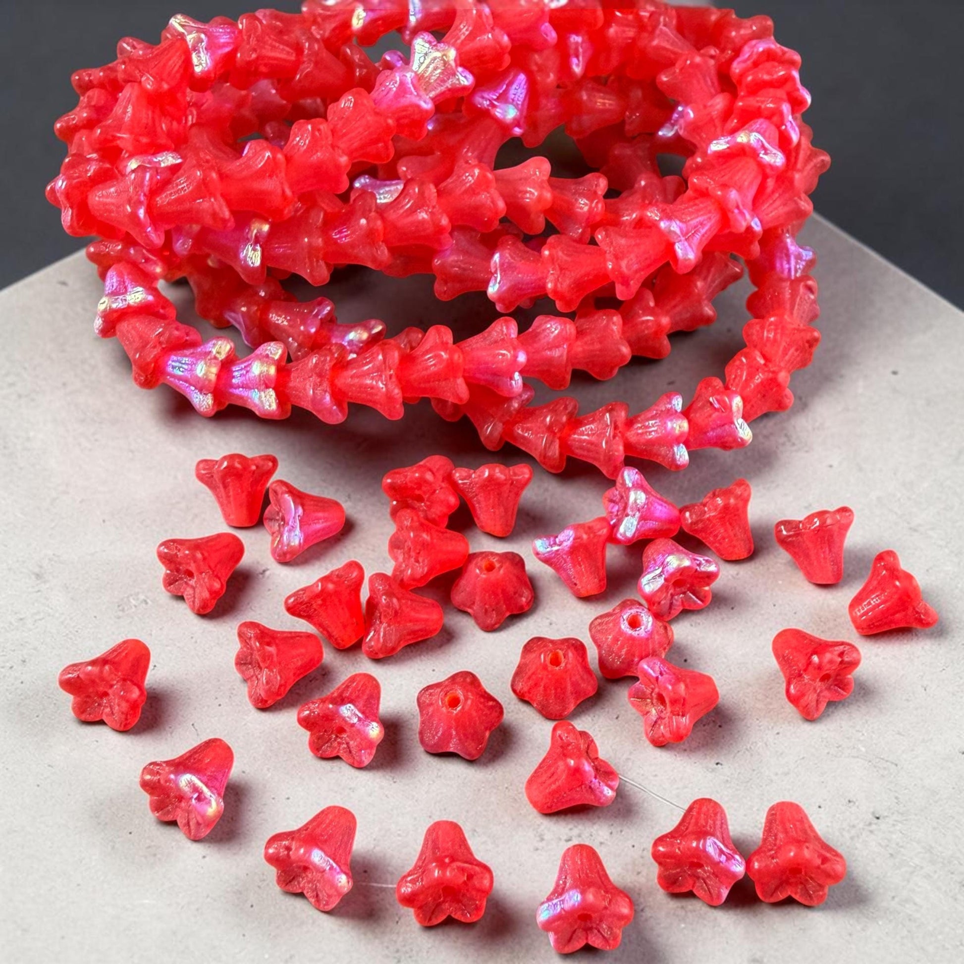 Czech Beads - 5x6mm Small Trumpet Bell Flower, Matte Scarlet Red with AB Finish (FLO/N-0600) * 30 Beads
