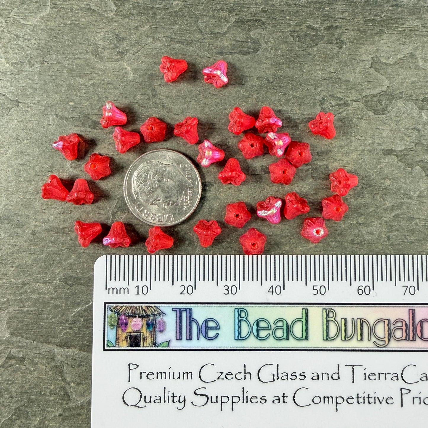 Czech Beads - 5x6mm Small Trumpet Bell Flower, Matte Scarlet Red with AB Finish (FLO/N-0600) * 30 Beads