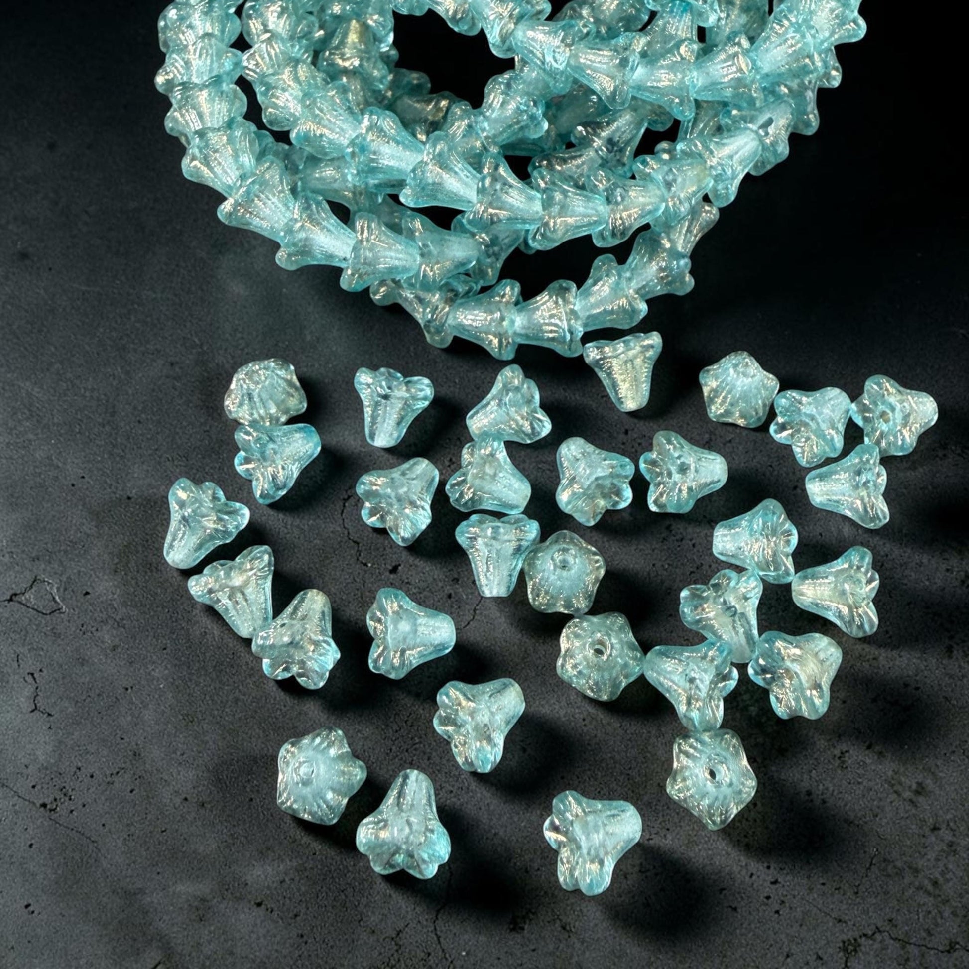 Czech Beads - 5x6mm Small Trumpet Bell Flower, Transparent Aqua Blue (FLO/N-2288) * 30 Beads