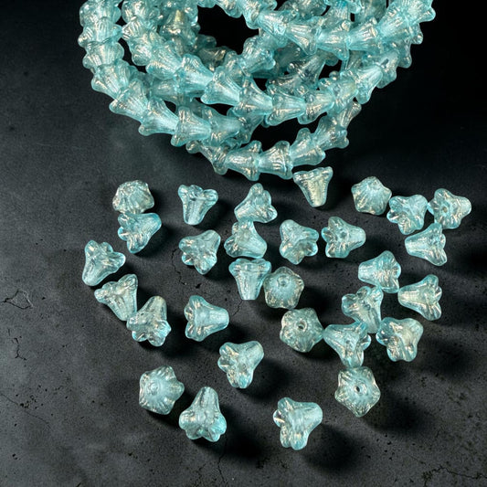 Czech Beads - 5x6mm Small Trumpet Bell Flower, Transparent Aqua Blue (FLO/N-2288) * 30 Beads