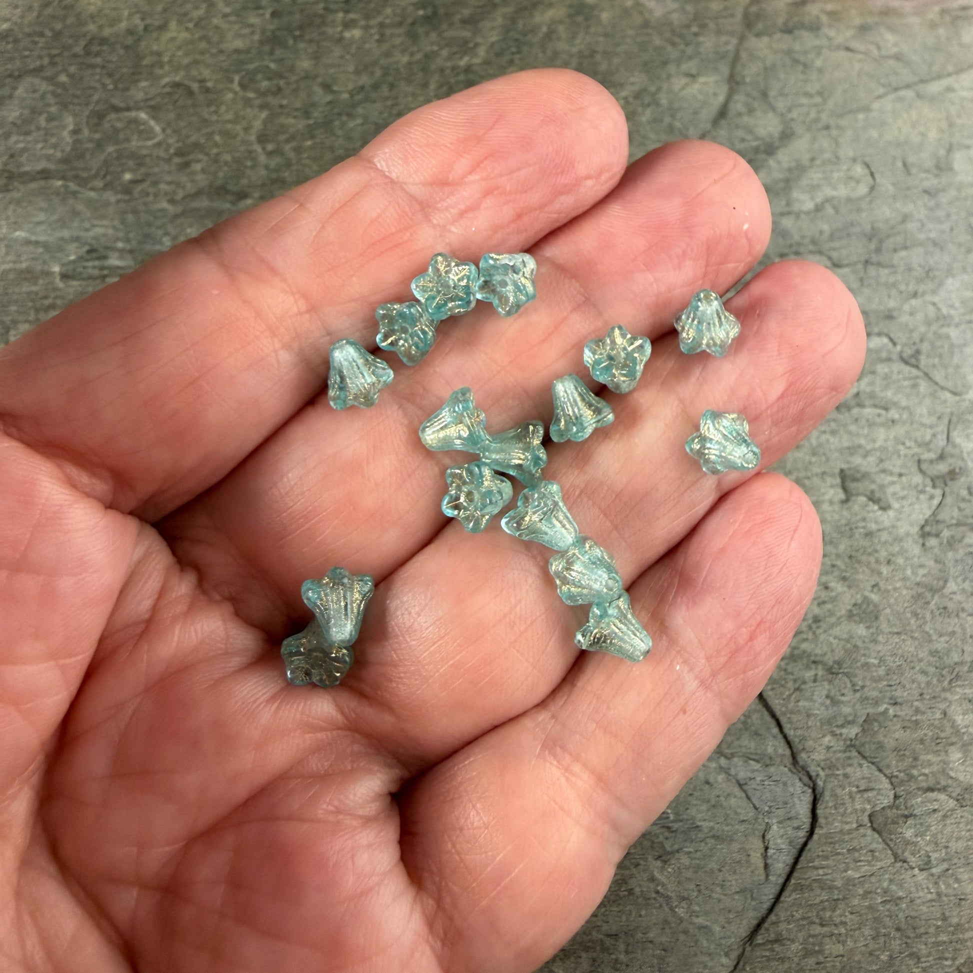 Czech Beads - 5x6mm Small Trumpet Bell Flower, Transparent Aqua Blue (FLO/N-2288) * 30 Beads