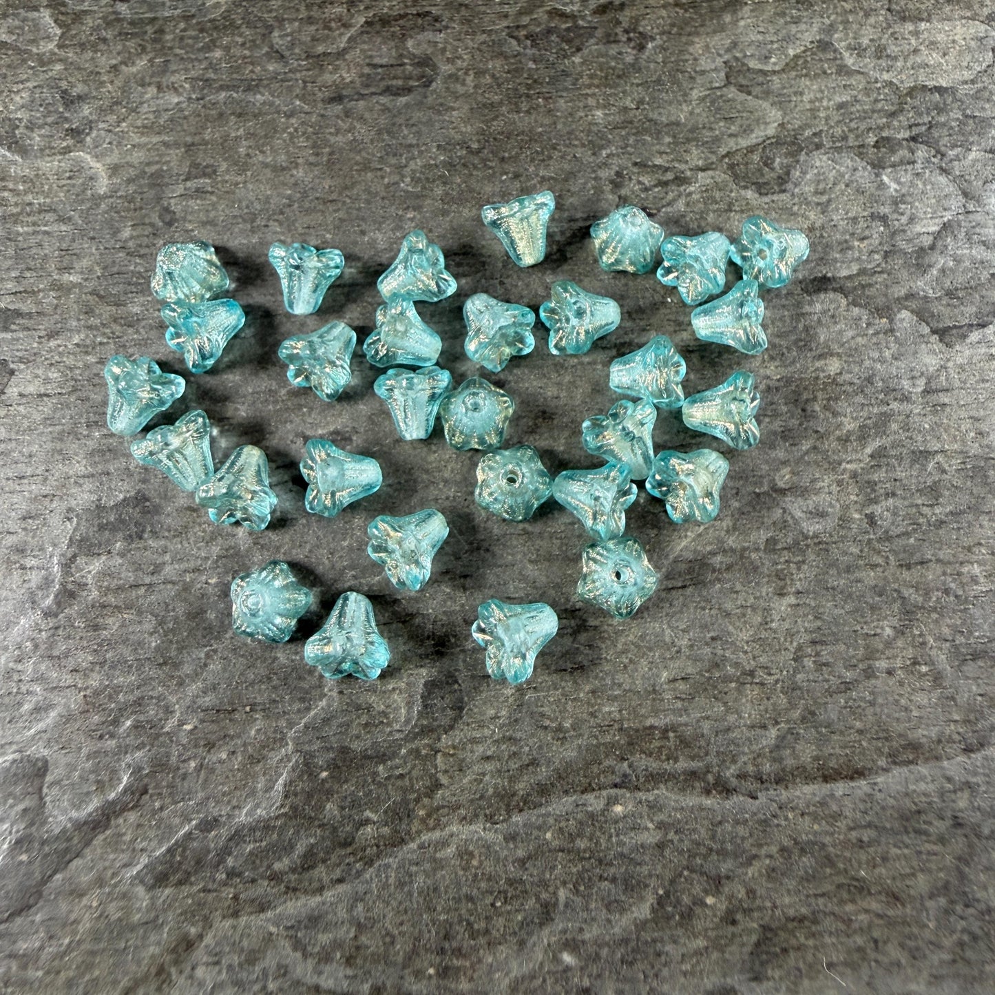 Czech Beads - 5x6mm Small Trumpet Bell Flower, Transparent Aqua Blue (FLO/N-2288) * 30 Beads
