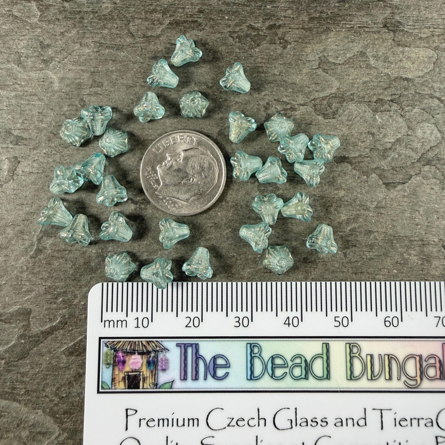 Czech Beads - 5x6mm Small Trumpet Bell Flower, Transparent Aqua Blue (FLO/N-2288) * 30 Beads