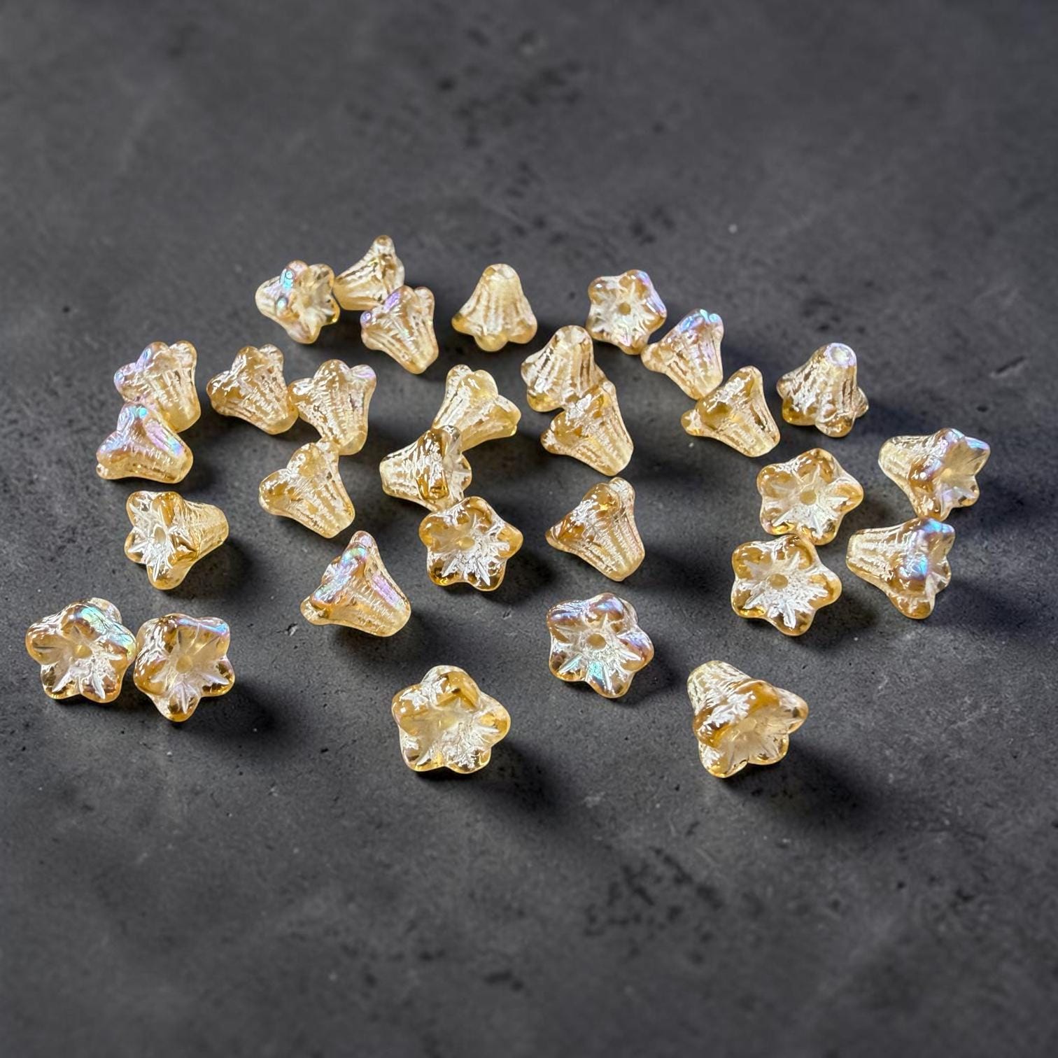 Czech Beads - 5x6mm Small Trumpet Bell Flower, Gold and White with AB Finish (FLO/N-0011) * 30 Beads