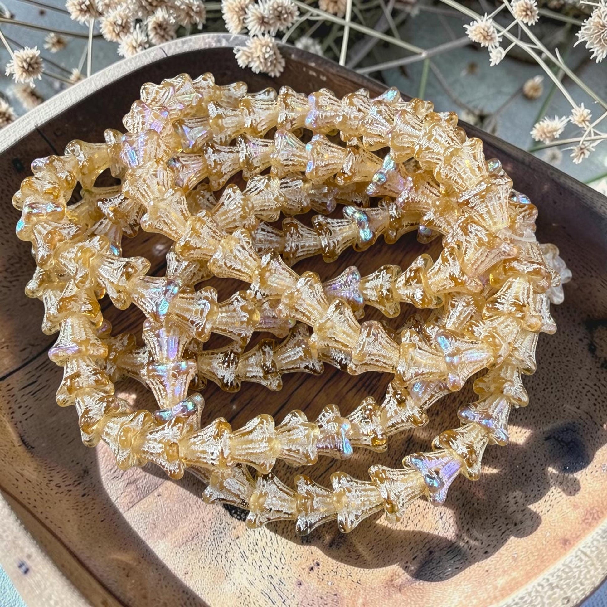 Czech Beads - 5x6mm Small Trumpet Bell Flower, Gold and White with AB Finish (FLO/N-0011) * 30 Beads