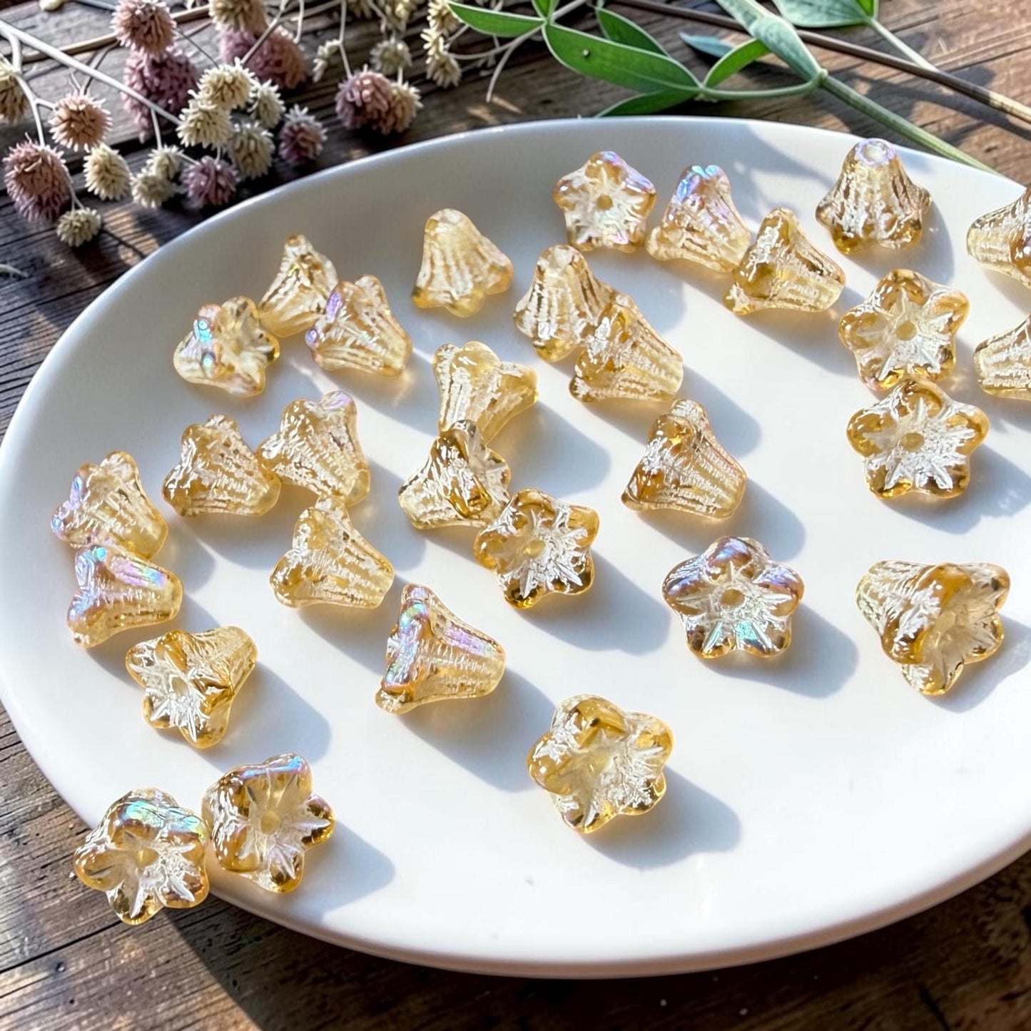 Czech Beads - 5x6mm Small Trumpet Bell Flower, Gold and White with AB Finish (FLO/N-0011) * 30 Beads