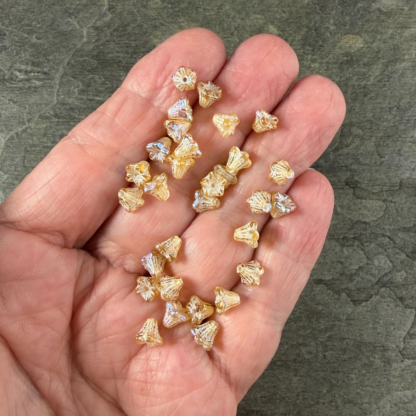 Czech Beads - 5x6mm Small Trumpet Bell Flower, Gold and White with AB Finish (FLO/N-0011) * 30 Beads