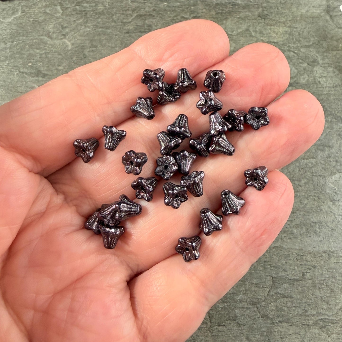 Czech Beads - 5x6mm Small Trumpet Bell Flower, Black Luster (FLO/N-0442) * 30 Beads