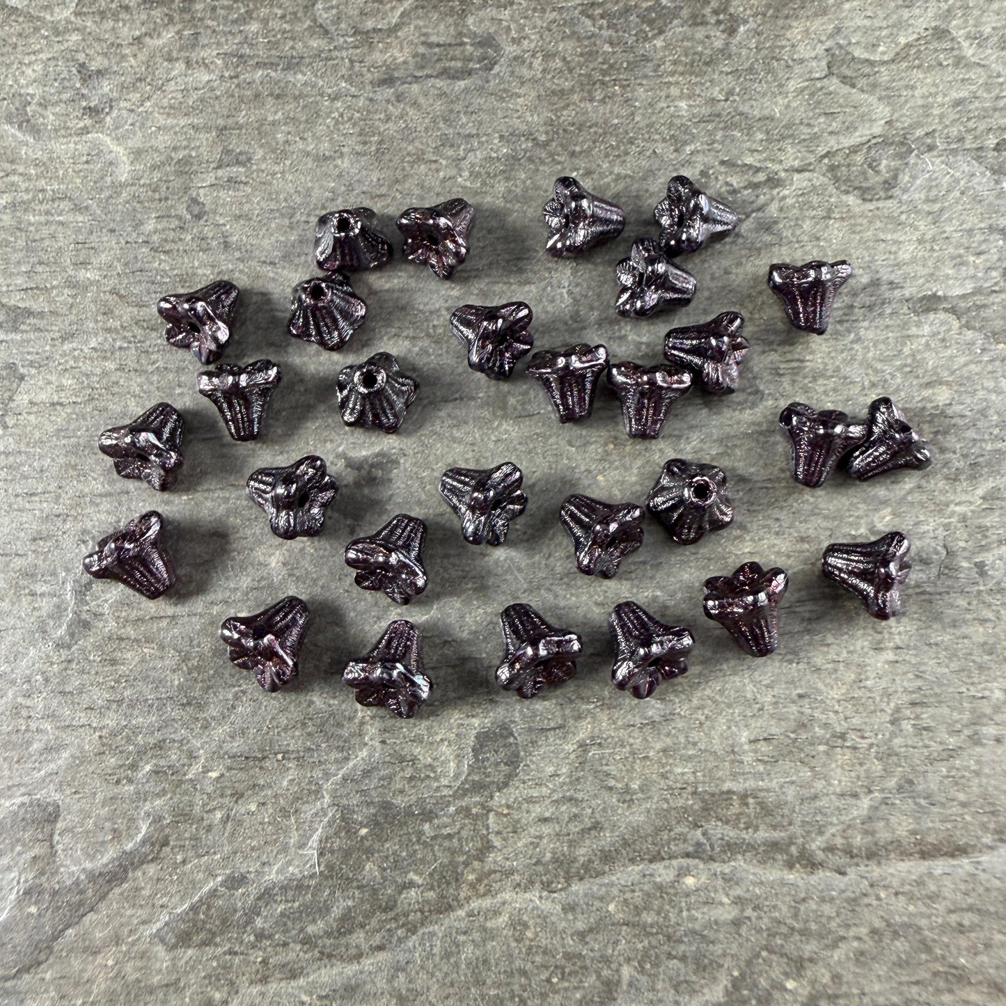 Czech Beads - 5x6mm Small Trumpet Bell Flower, Black Luster (FLO/N-0442) * 30 Beads