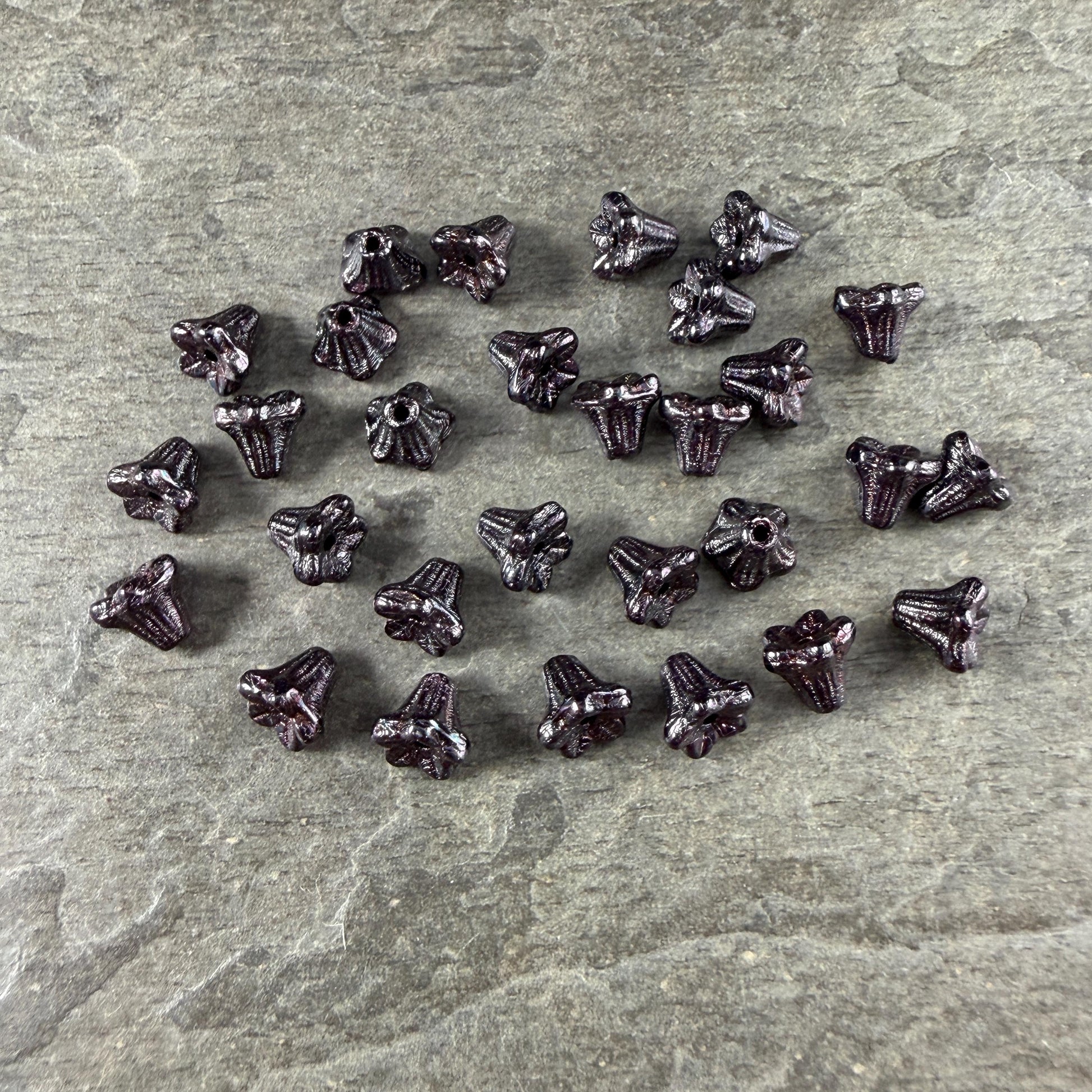 Czech Beads - 5x6mm Small Trumpet Bell Flower, Black Luster (FLO/N-0442) * 30 Beads