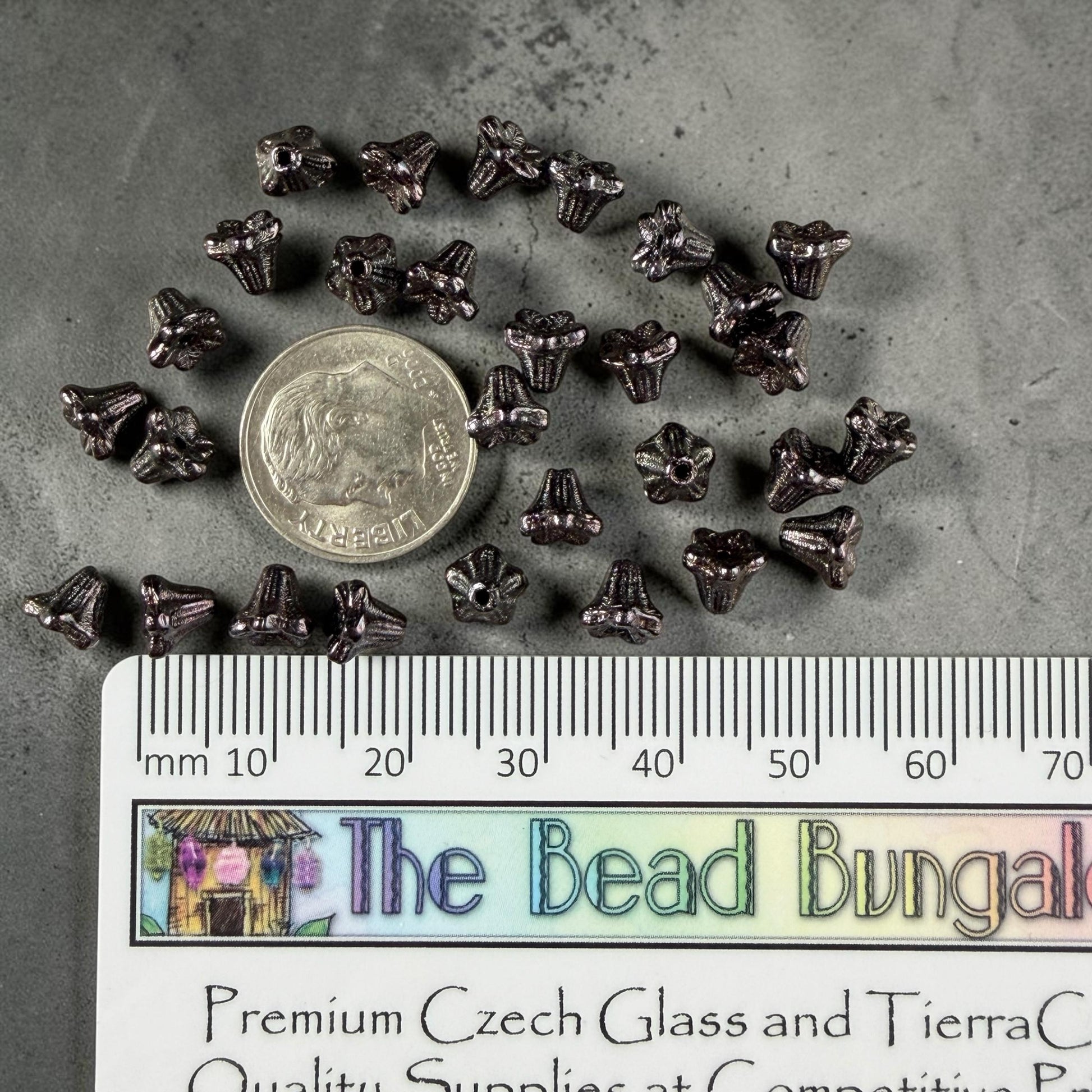 Czech Beads - 5x6mm Small Trumpet Bell Flower, Black Luster (FLO/N-0442) * 30 Beads