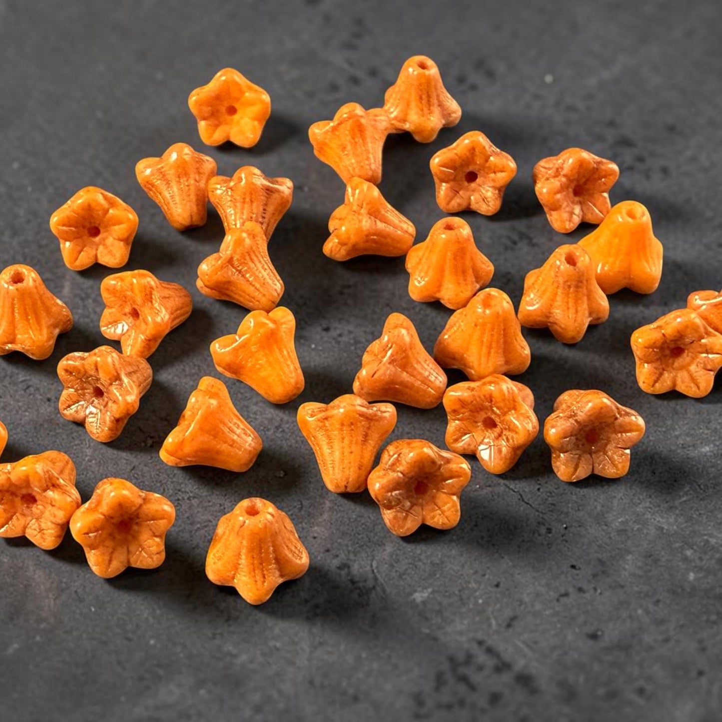 Czech Beads - 5x6mm Small Trumpet Bell Flower, Pumpkin Orange with Bronze Finish (FLO/N-1053) * 30 Beads